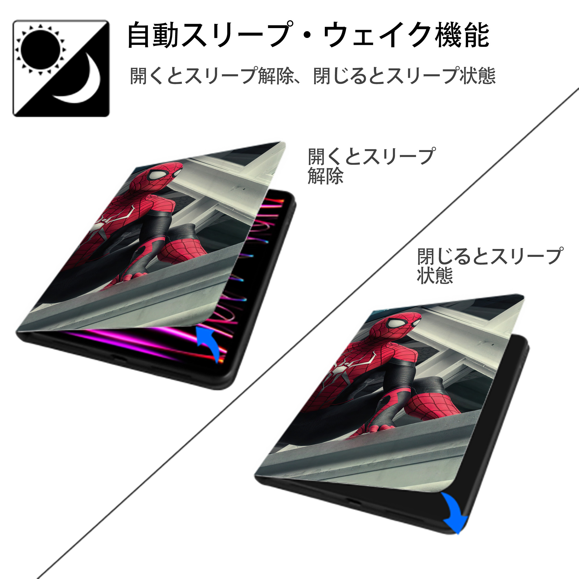 Spider Man スパイダーマン IPad ケース ブック型 PUレザー TPU 耐衝撃 軽量 薄型 ペン収納なし 全面保護 IPad 各モデル対応