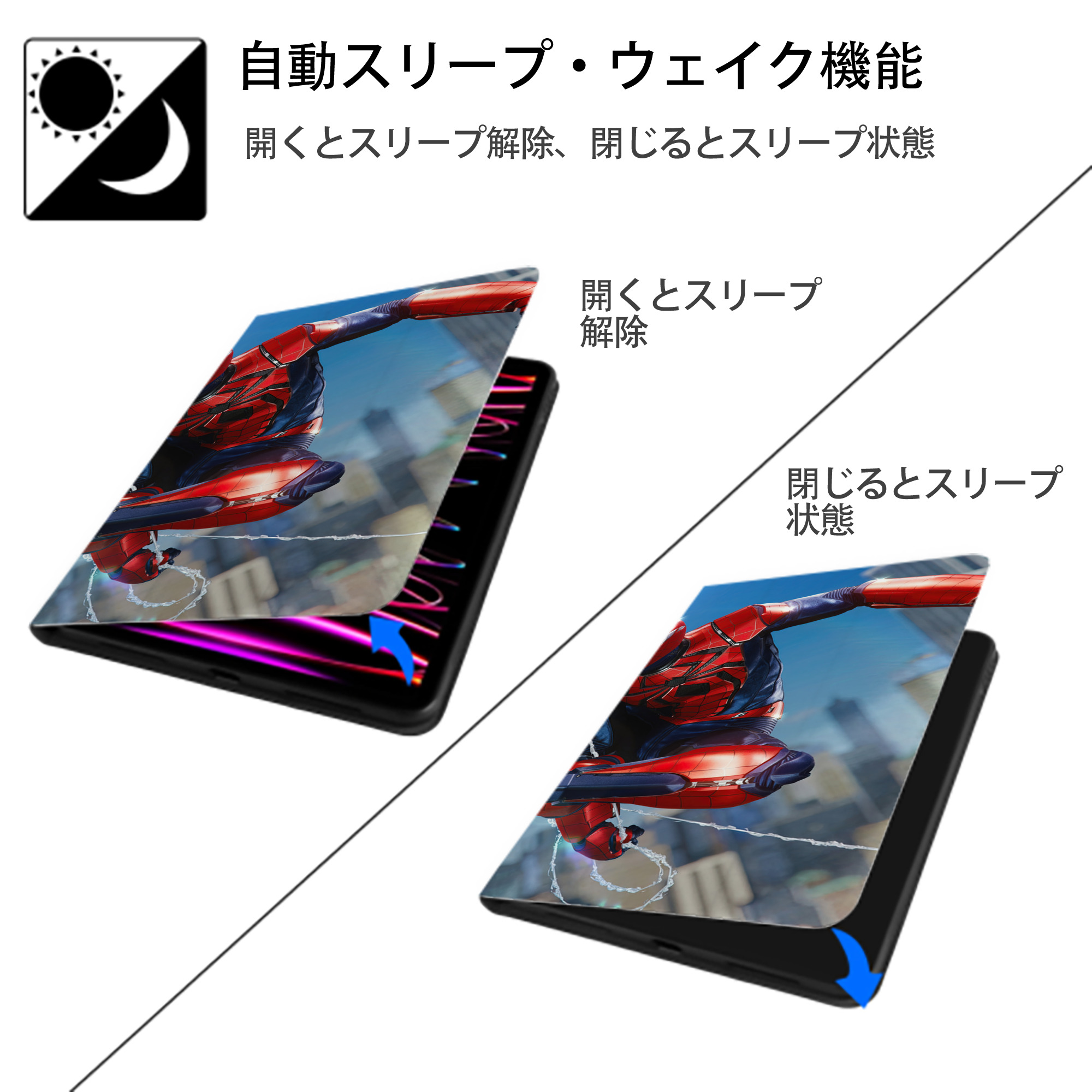 Spider Man スパイダーマン IPad ケース ブック型 PUレザー TPU 耐衝撃 軽量 薄型 ペン収納なし 全面保護 IPad 各モデル対応