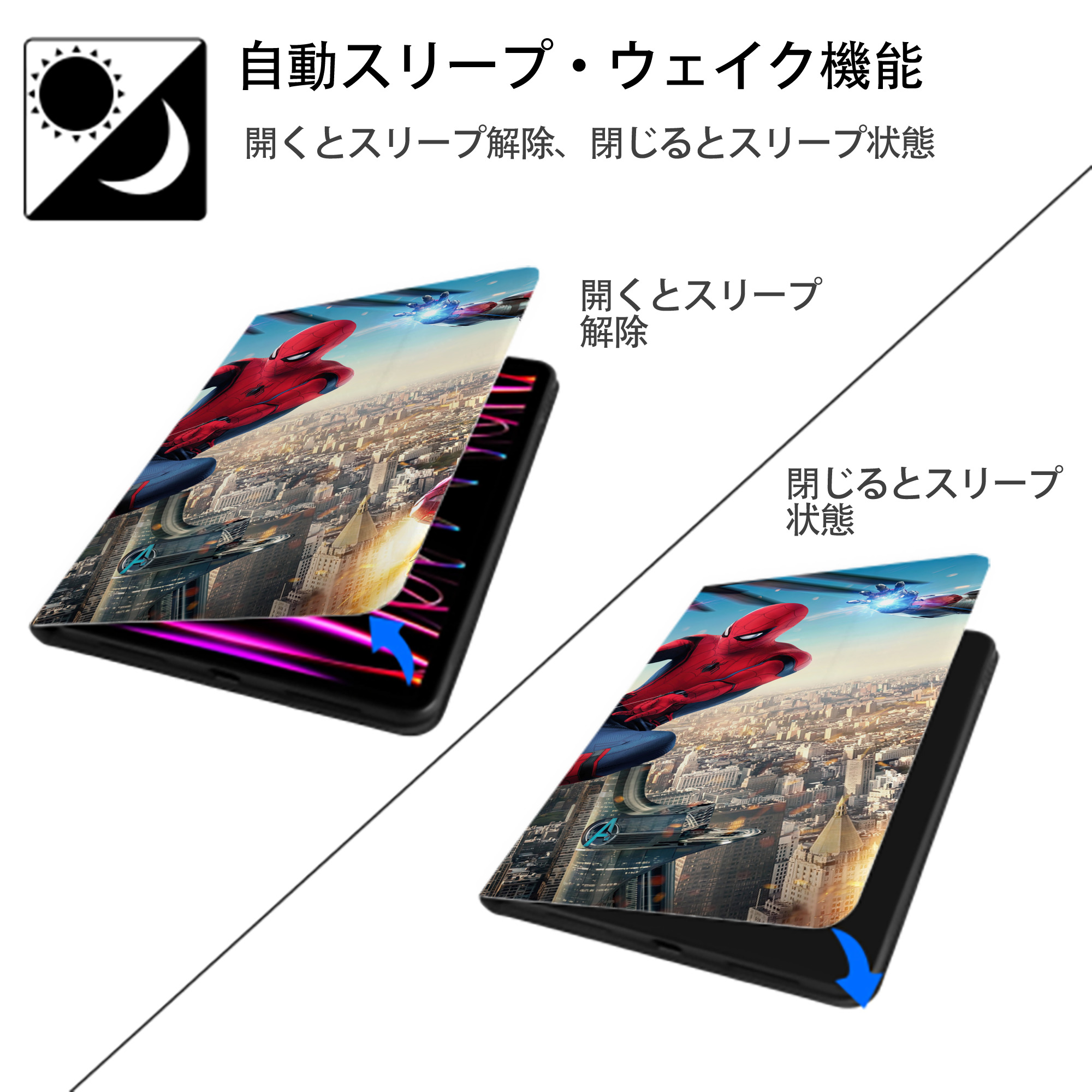 Spider Man スパイダーマン IPad ケース ブック型 PUレザー TPU 耐衝撃 軽量 薄型 ペン収納なし 全面保護 IPad 各モデル対応