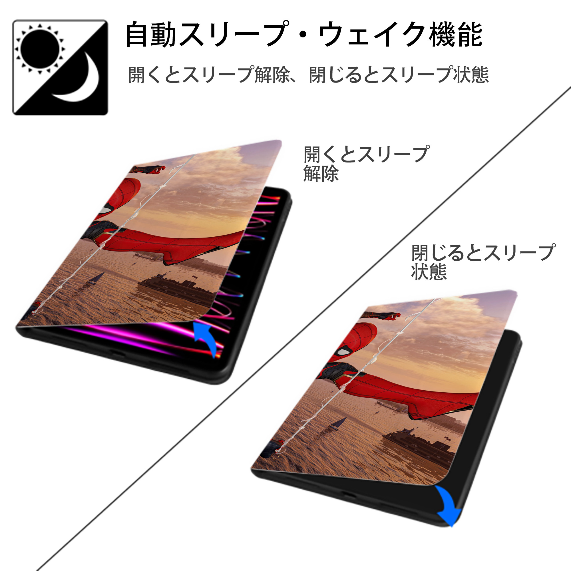 Spider Man スパイダーマン IPad ケース ブック型 PUレザー TPU 耐衝撃 軽量 薄型 ペン収納なし 全面保護 IPad 各モデル対応