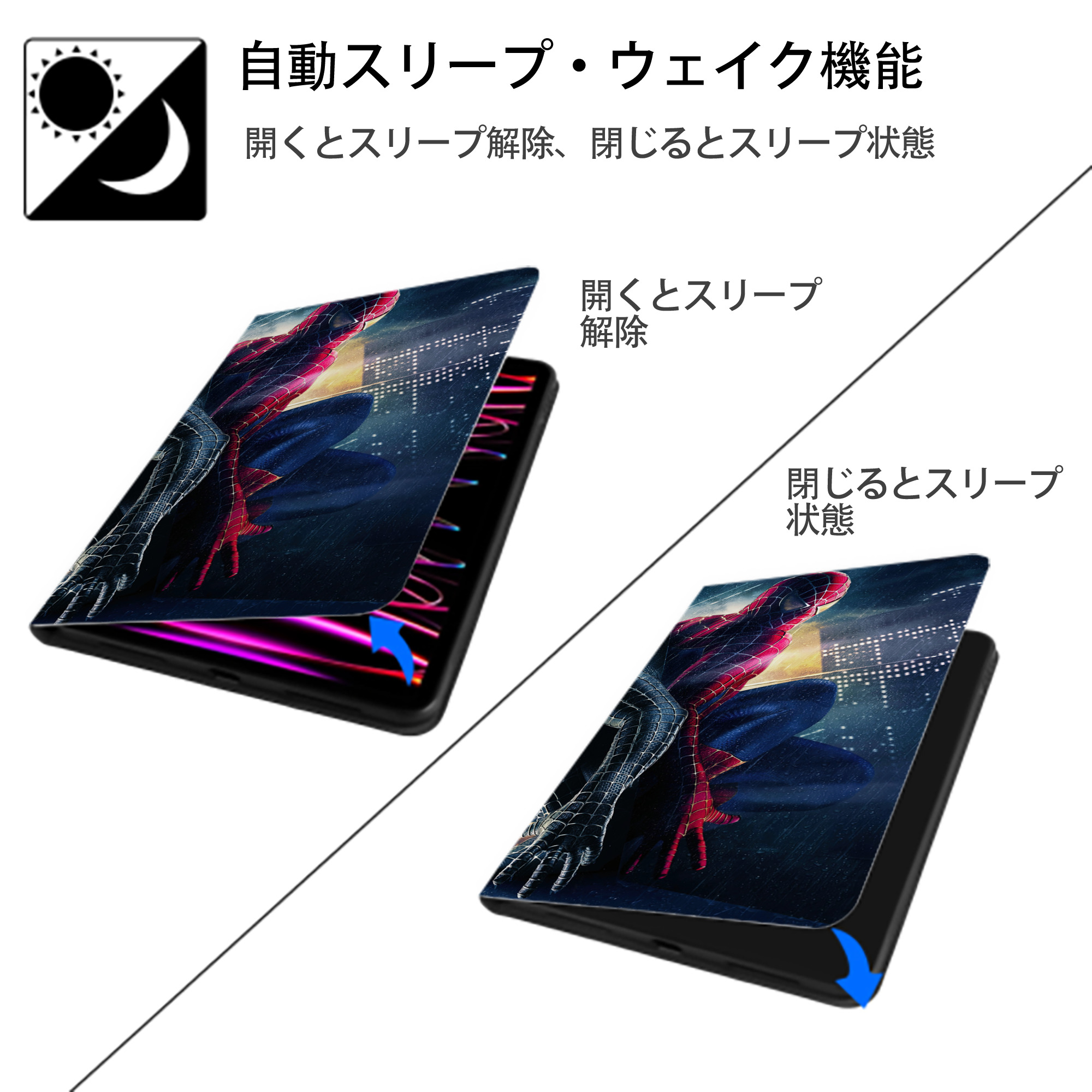 Spider Man スパイダーマン IPad ケース ブック型 PUレザー TPU 耐衝撃 軽量 薄型 ペン収納なし 全面保護 IPad 各モデル対応
