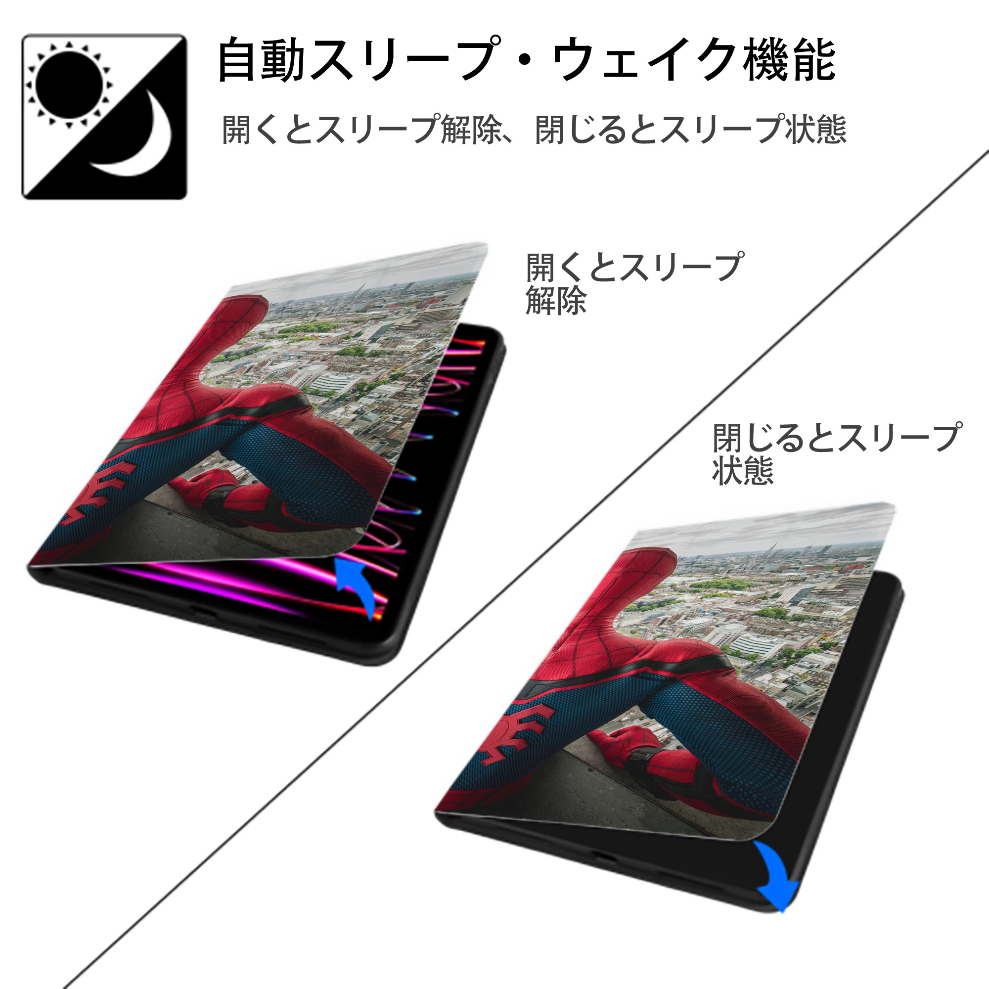 Spider Man スパイダーマン IPad ケース ブック型 PUレザー TPU 耐衝撃 軽量 薄型 ペン収納なし 全面保護 IPad 各モデル対応