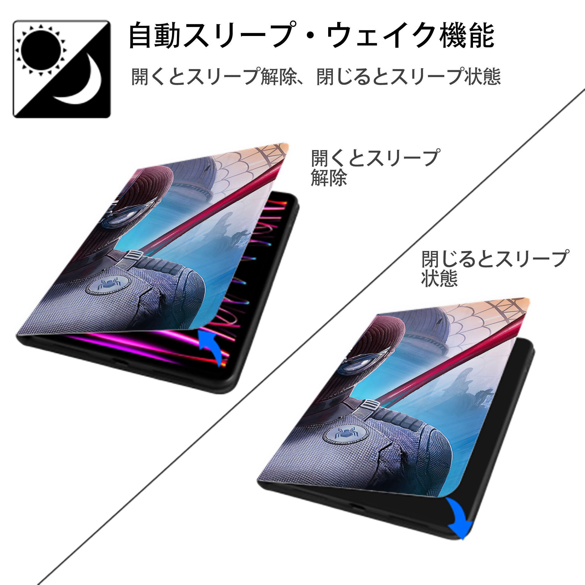 Spider Man スパイダーマン IPad ケース ブック型 PUレザー TPU 耐衝撃 軽量 薄型 ペン収納なし 全面保護 IPad 各モデル対応