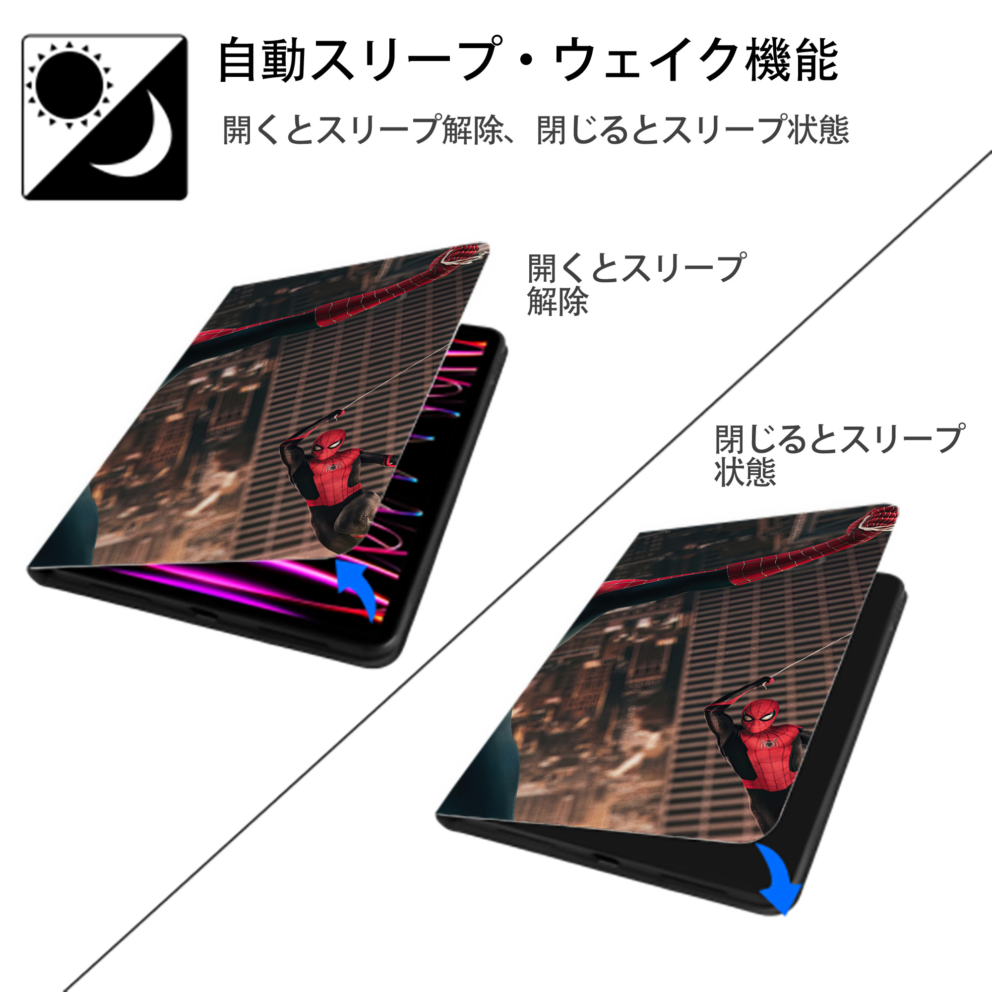 Spider Man スパイダーマン IPad ケース ブック型 PUレザー TPU 耐衝撃 軽量 薄型 ペン収納なし 全面保護 IPad 各モデル対応