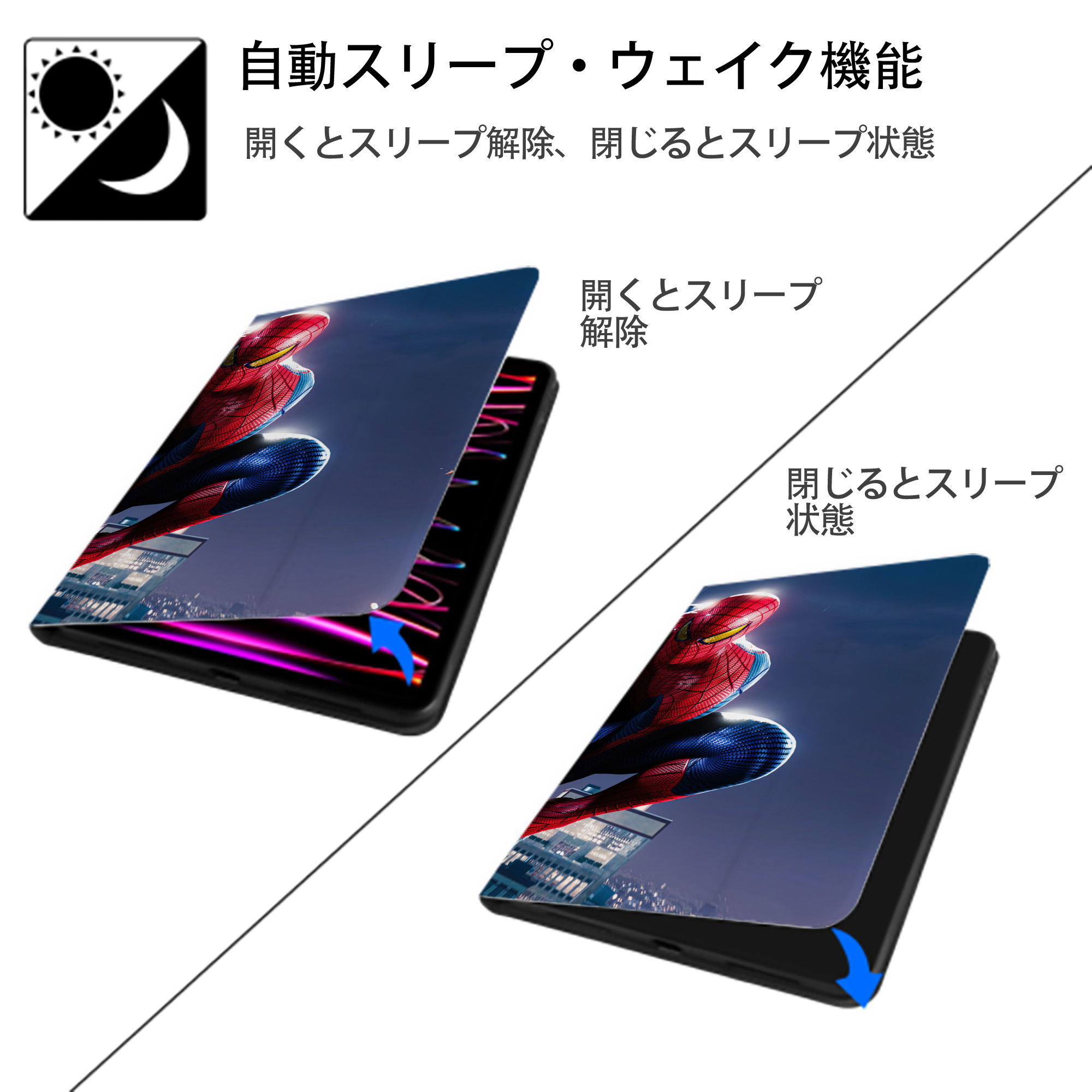 Spider Man スパイダーマン IPad ケース ブック型 PUレザー TPU 耐衝撃 軽量 薄型 ペン収納なし 全面保護 IPad 各モデル対応