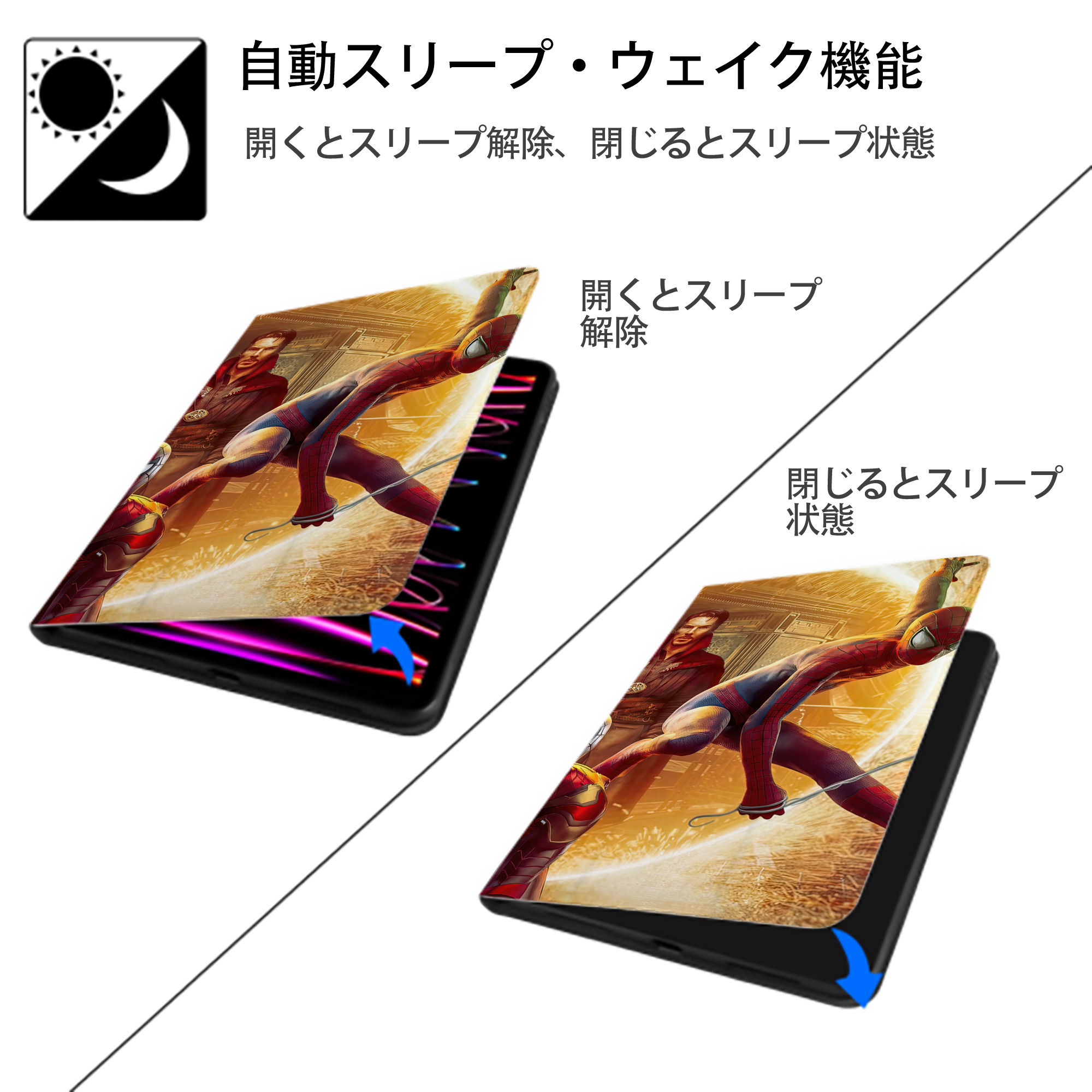 Spider Man スパイダーマン IPad ケース ブック型 PUレザー TPU 耐衝撃 軽量 薄型 ペン収納なし 全面保護 IPad 各モデル対応