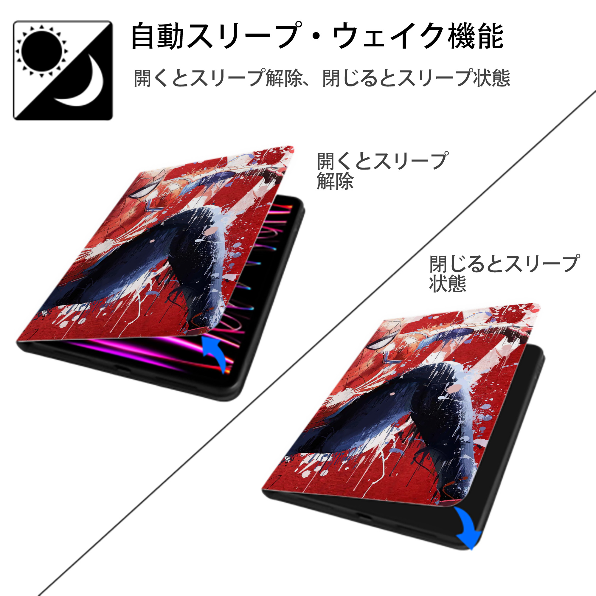 Spider Man スパイダーマン IPad ケース ブック型 PUレザー TPU 耐衝撃 軽量 薄型 ペン収納なし 全面保護 IPad 各モデル対応