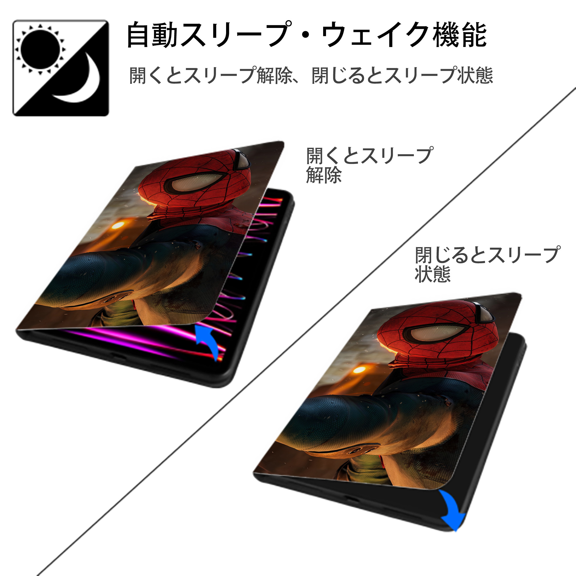 Spider Man スパイダーマン IPad ケース ブック型 PUレザー TPU 耐衝撃 軽量 薄型 ペン収納なし 全面保護 IPad 各モデル対応