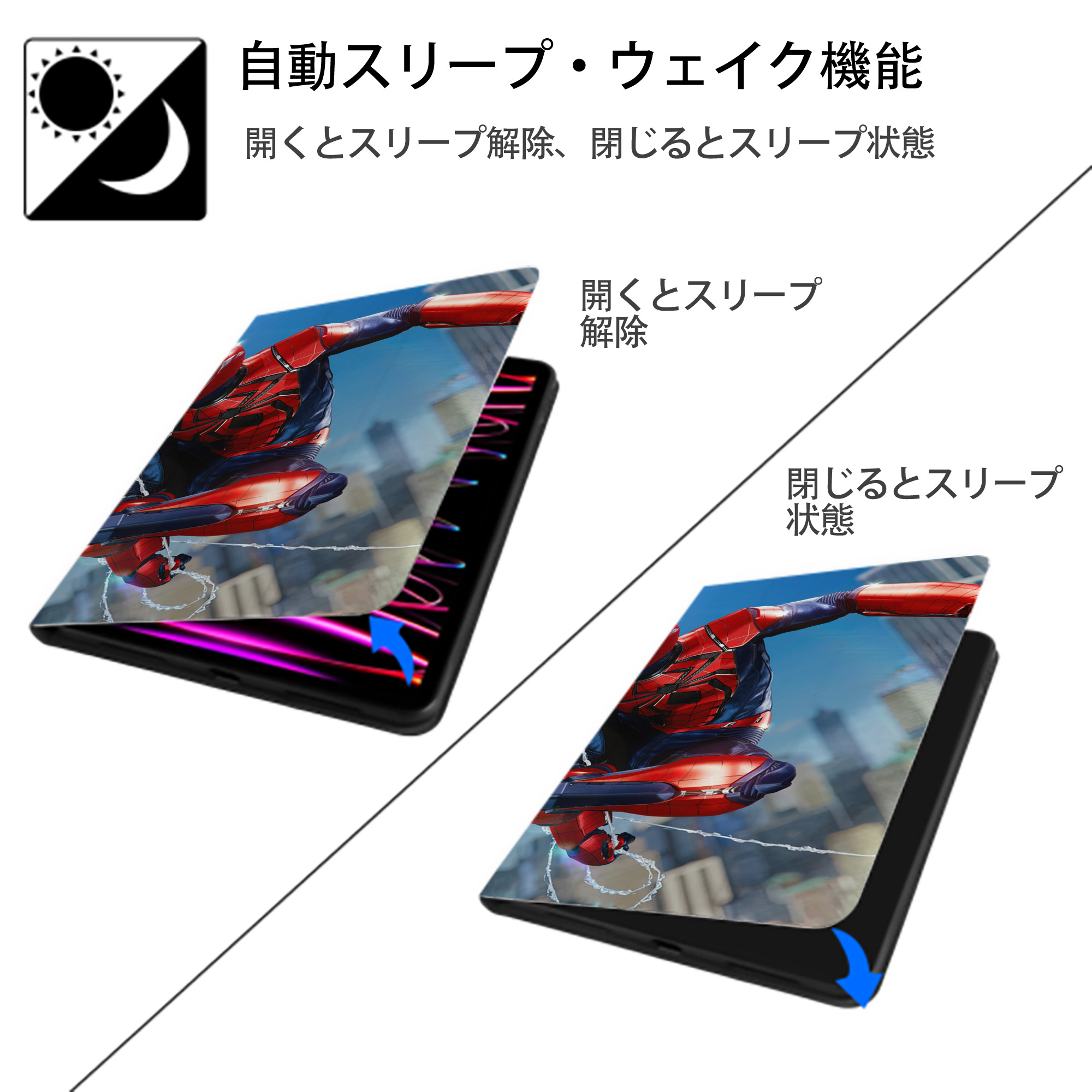 Spider Man スパイダーマン IPad ケース ブック型 PUレザー TPU 耐衝撃 軽量 薄型 ペン収納なし 全面保護 IPad 各モデル対応