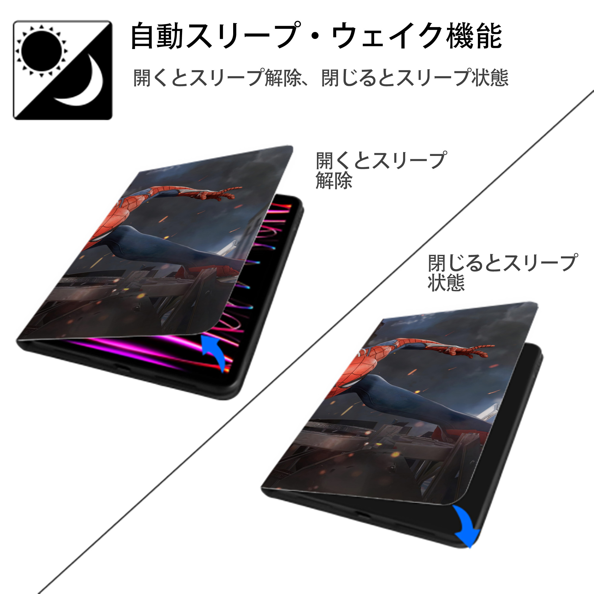 Spider Man スパイダーマン IPad ケース ブック型 PUレザー TPU 耐衝撃 軽量 薄型 ペン収納なし 全面保護 IPad 各モデル対応