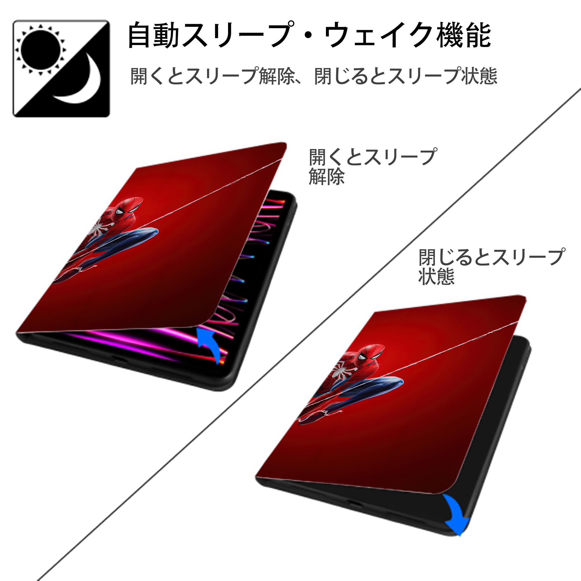 Spider Man スパイダーマン IPad ケース ブック型 PUレザー TPU 耐衝撃 軽量 薄型 ペン収納なし 全面保護 IPad 各モデル対応