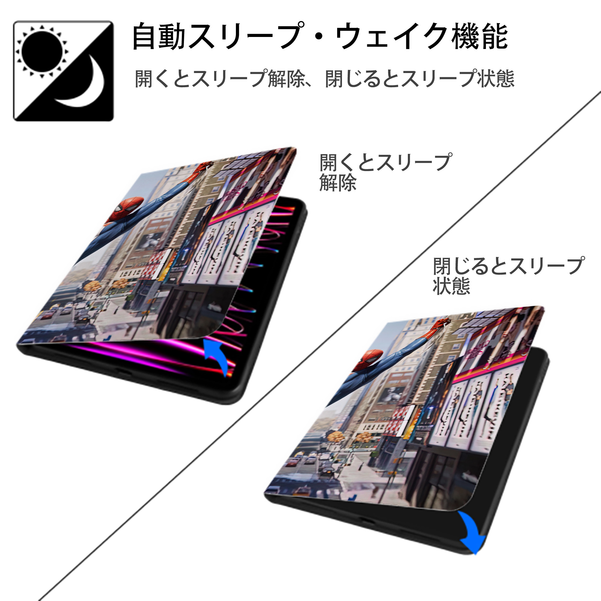Spider Man スパイダーマン IPad ケース ブック型 PUレザー TPU 耐衝撃 軽量 薄型 ペン収納なし 全面保護 IPad 各モデル対応