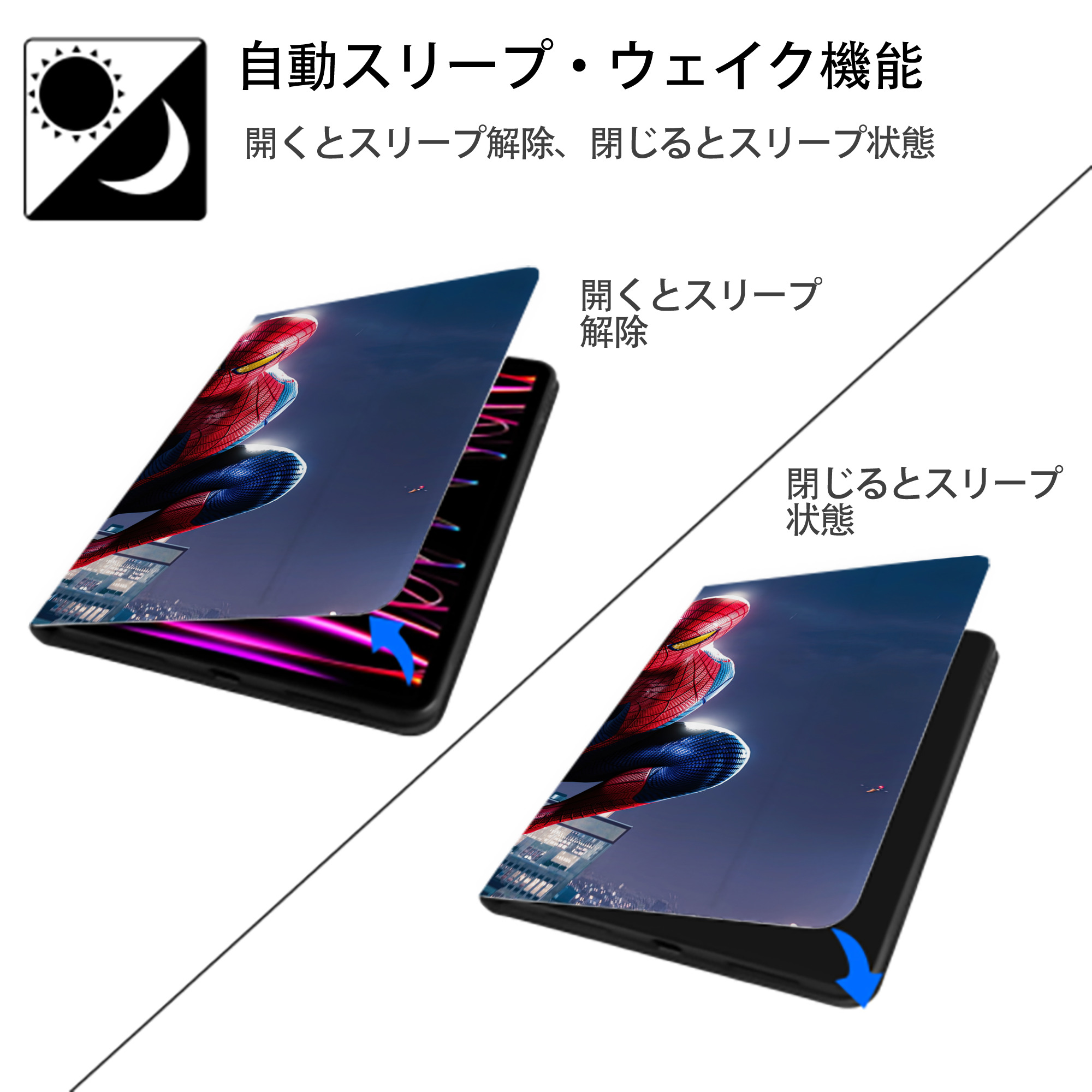 Spider Man スパイダーマン IPad ケース ブック型 PUレザー TPU 耐衝撃 軽量 薄型 ペン収納なし 全面保護 IPad 各モデル対応