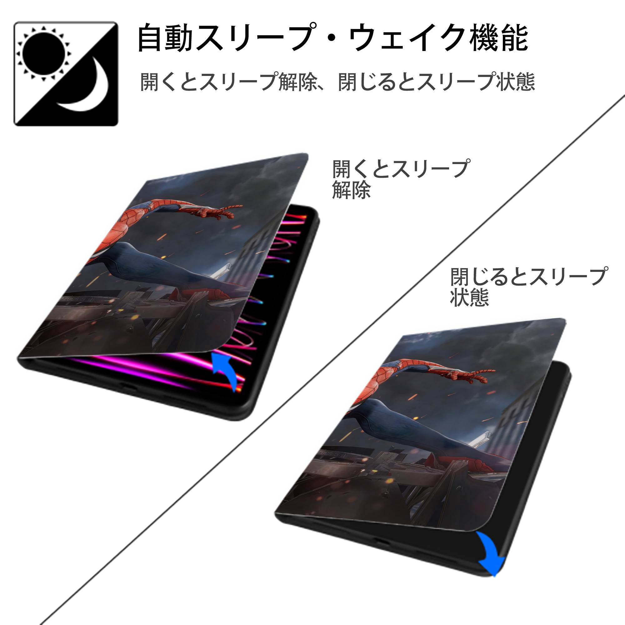 Spider Man スパイダーマン IPad ケース ブック型 PUレザー TPU 耐衝撃 軽量 薄型 ペン収納なし 全面保護 IPad 各モデル対応
