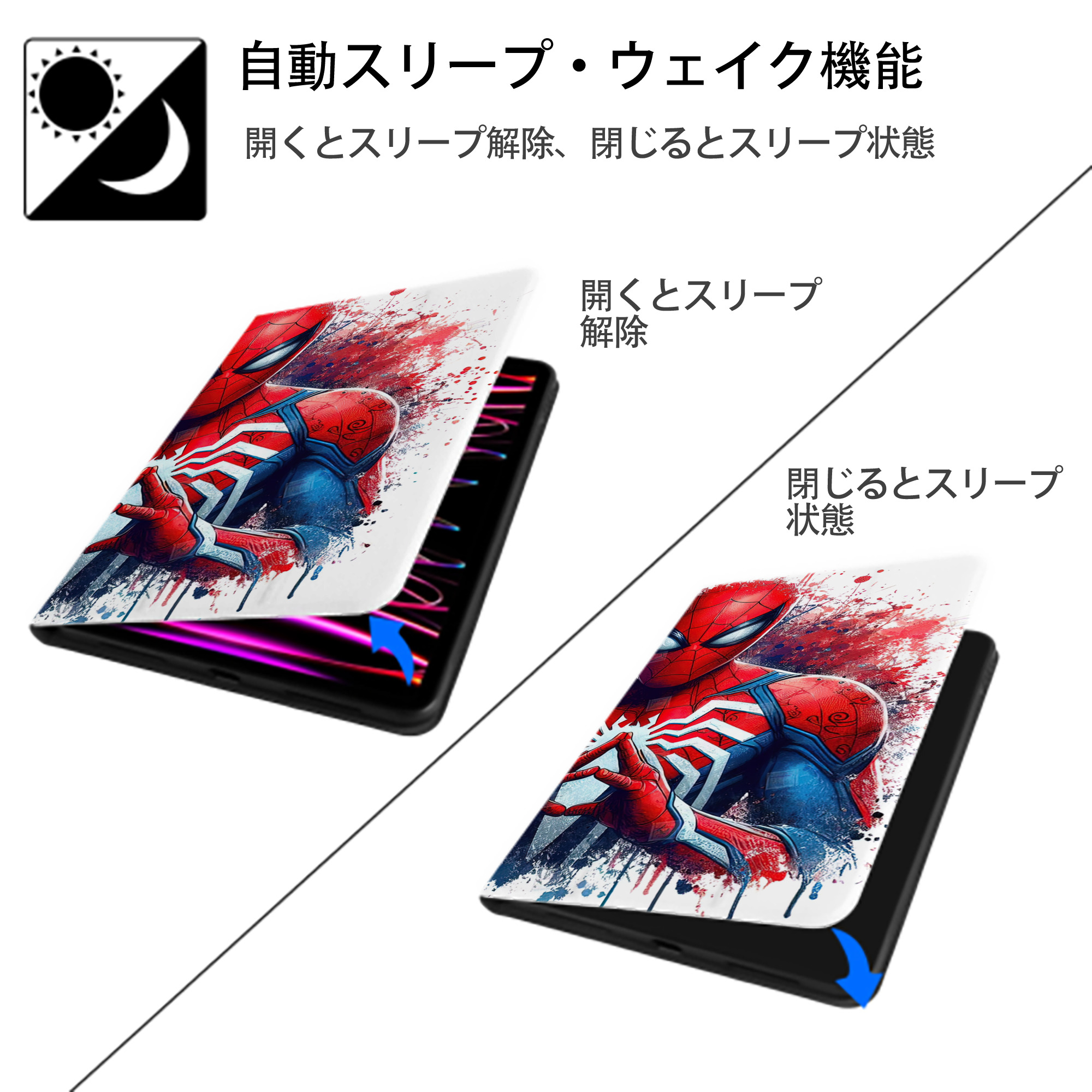 Spider Man スパイダーマン IPad ケース ブック型 PUレザー TPU 耐衝撃 軽量 薄型 ペン収納なし 全面保護 IPad 各モデル対応
