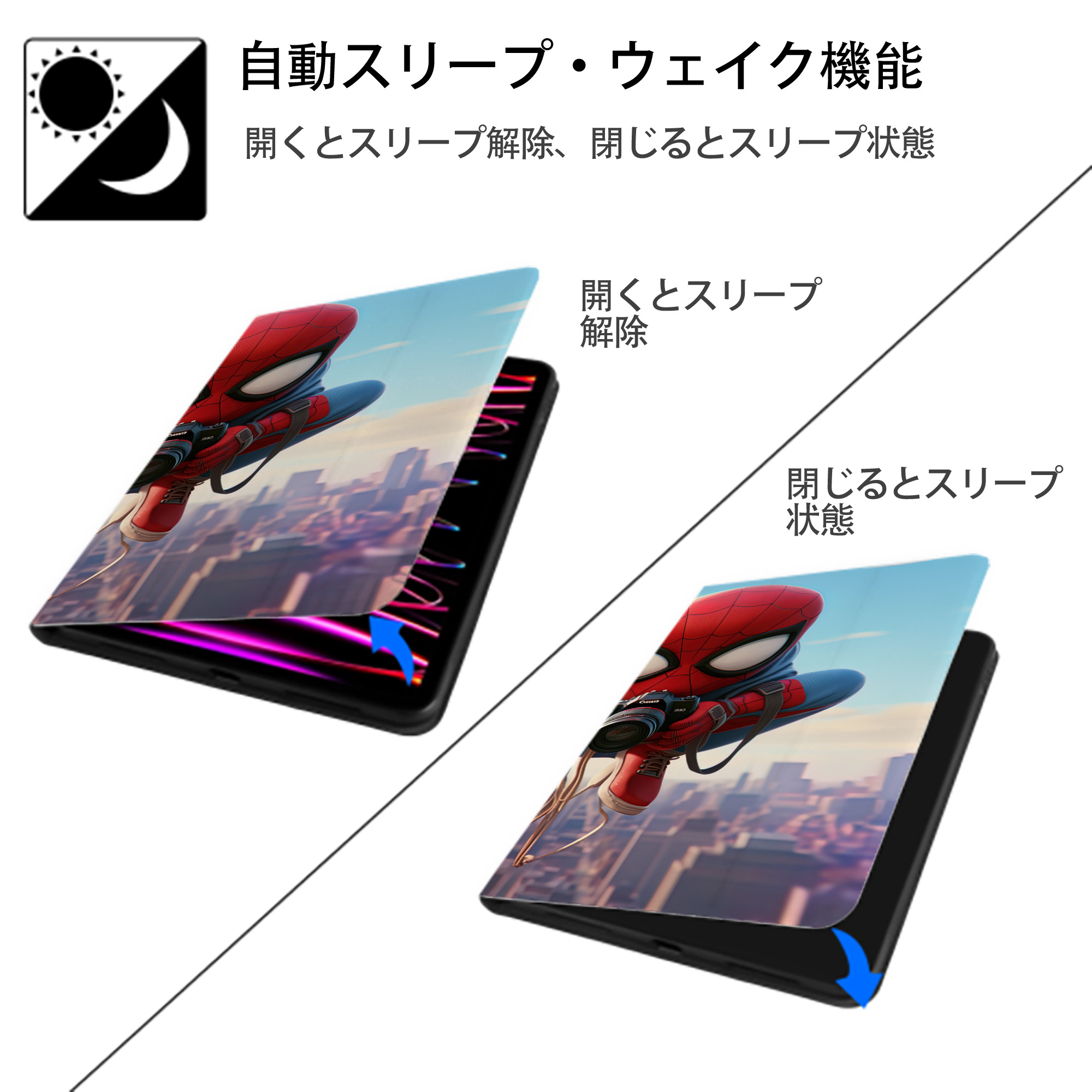 Spider Man スパイダーマン IPad ケース ブック型 PUレザー TPU 耐衝撃 軽量 薄型 ペン収納なし 全面保護 IPad 各モデル対応