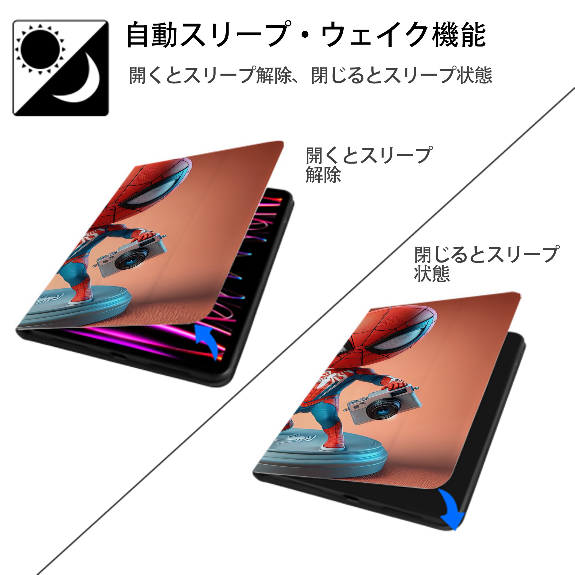 Spider Man スパイダーマン IPad ケース ブック型 PUレザー TPU 耐衝撃 軽量 薄型 ペン収納なし 全面保護 IPad 各モデル対応