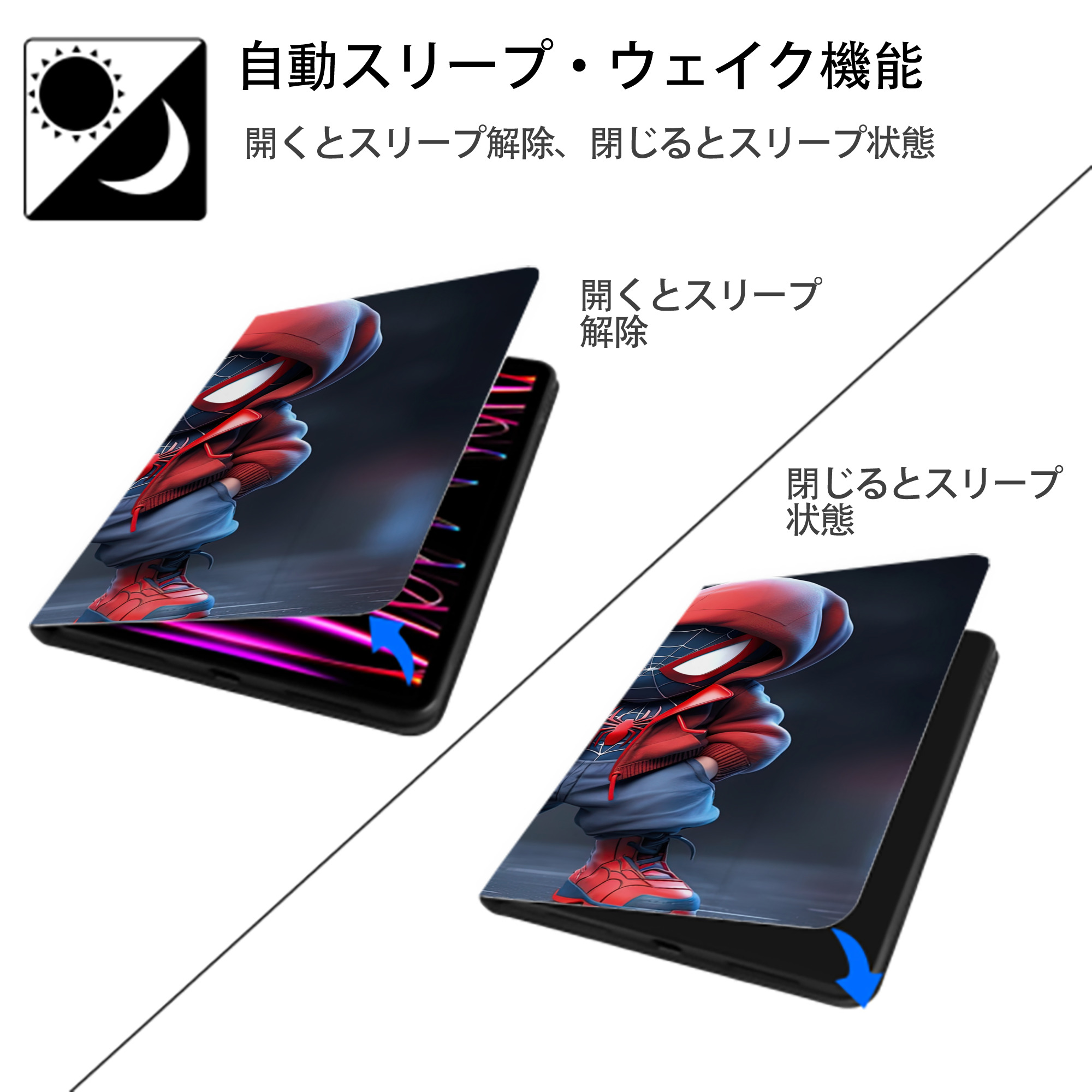 Spider Man スパイダーマン IPad ケース ブック型 PUレザー TPU 耐衝撃 軽量 薄型 ペン収納なし 全面保護 IPad 各モデル対応