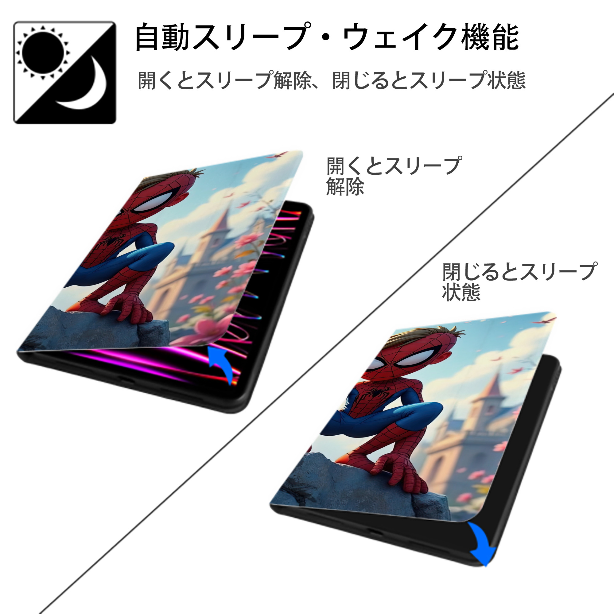 Spider Man スパイダーマン IPad ケース ブック型 PUレザー TPU 耐衝撃 軽量 薄型 ペン収納なし 全面保護 IPad 各モデル対応