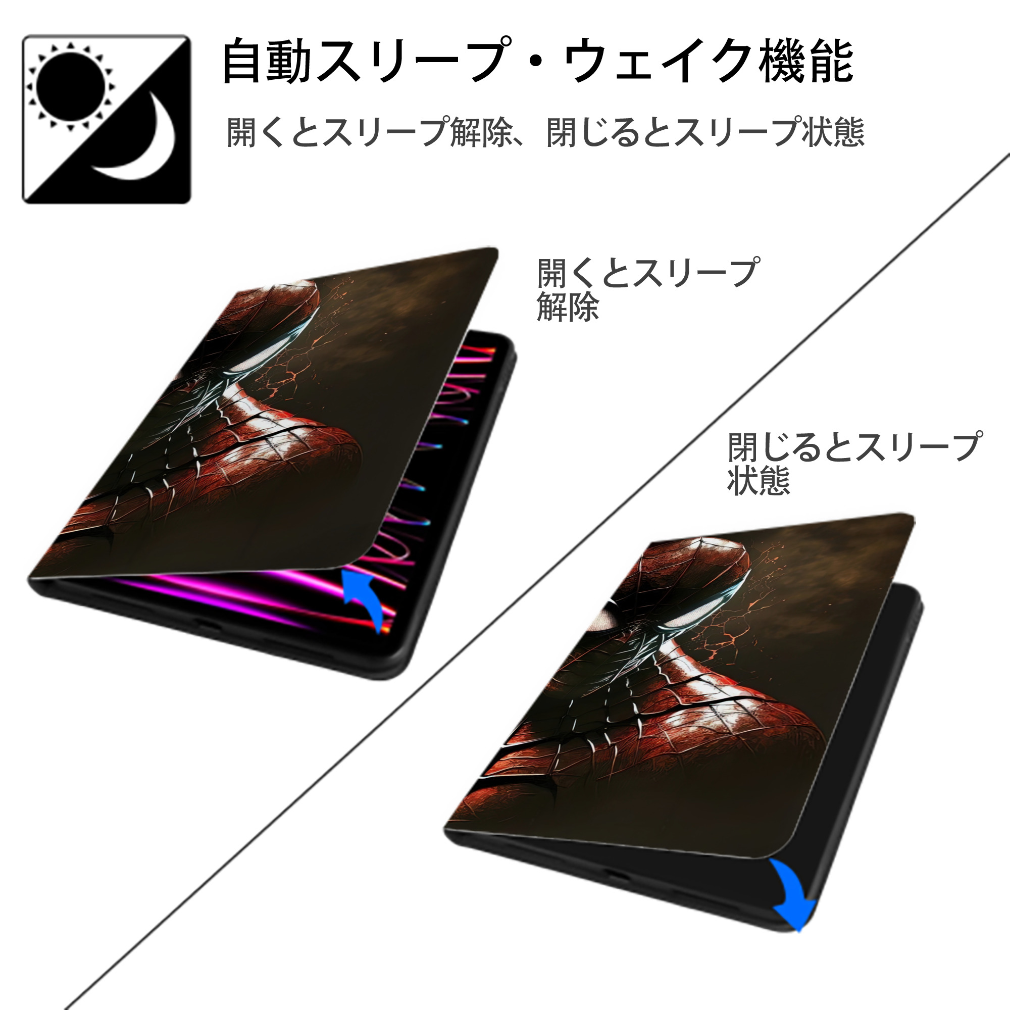 Spider Man スパイダーマン IPad ケース ブック型 PUレザー TPU 耐衝撃 軽量 薄型 ペン収納なし 全面保護 IPad 各モデル対応