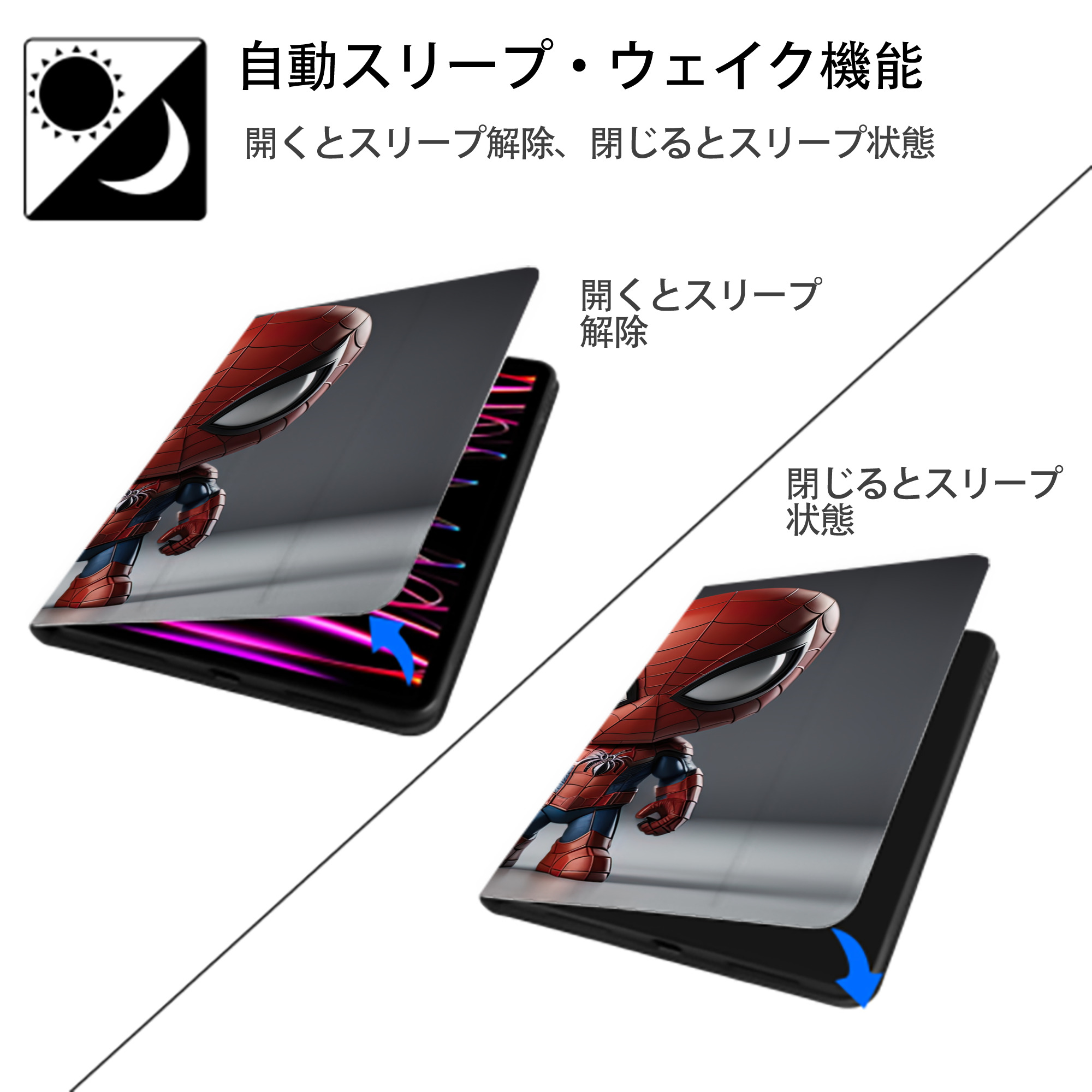 Spider Man スパイダーマン IPad ケース ブック型 PUレザー TPU 耐衝撃 軽量 薄型 ペン収納なし 全面保護 IPad 各モデル対応
