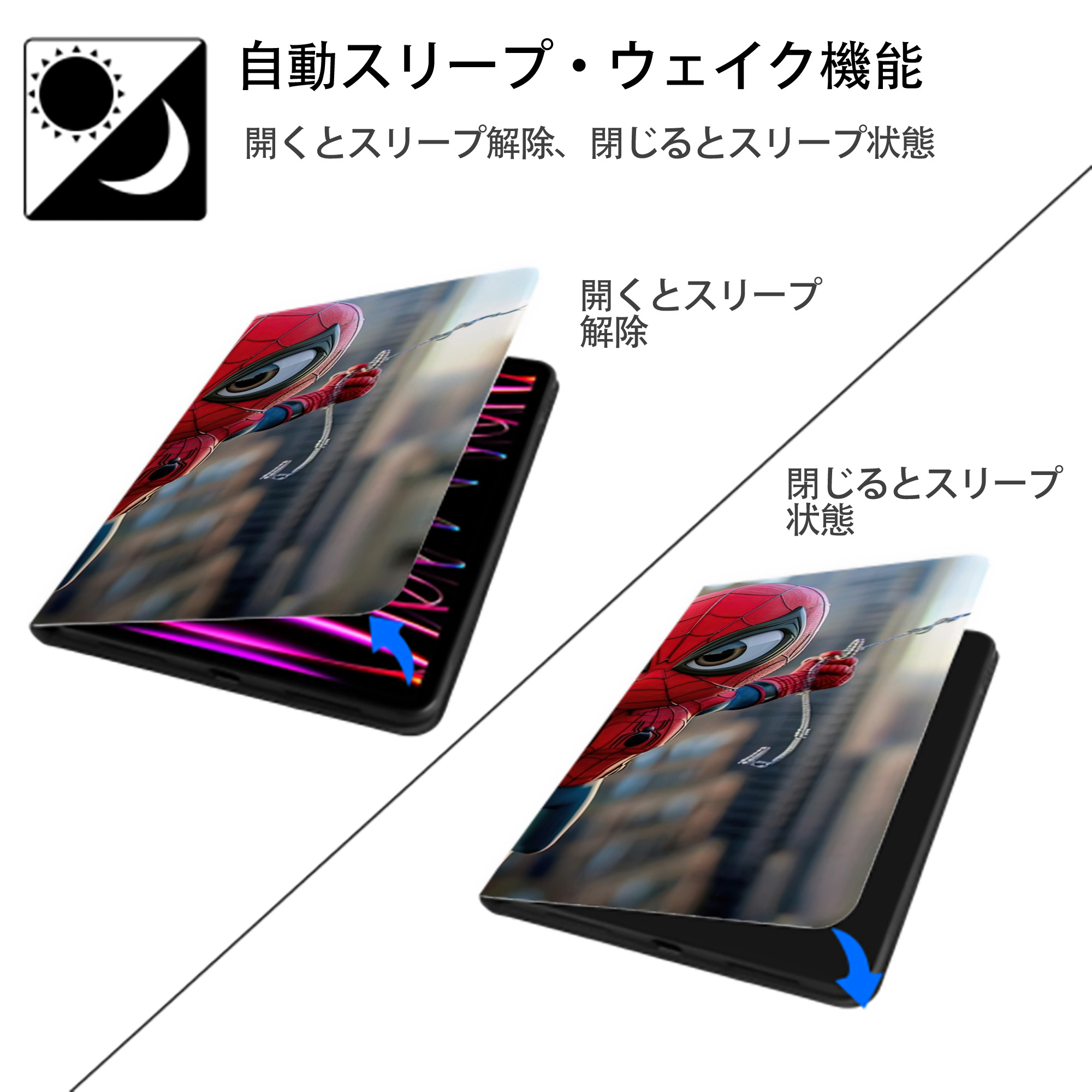 Spider Man スパイダーマン IPad ケース ブック型 PUレザー TPU 耐衝撃 軽量 薄型 ペン収納なし 全面保護 IPad 各モデル対応