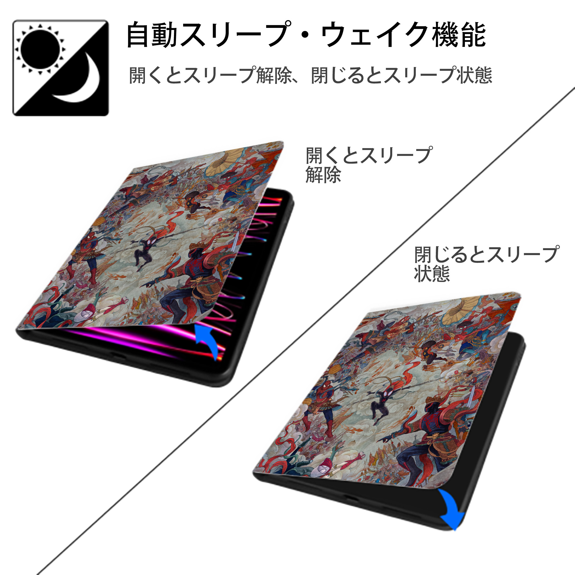 Spider Man スパイダーマン IPad ケース ペン収納付き 三つ折りスタンド PUレザー×シリコン 対応機種9.5/10.5/10.9インチ