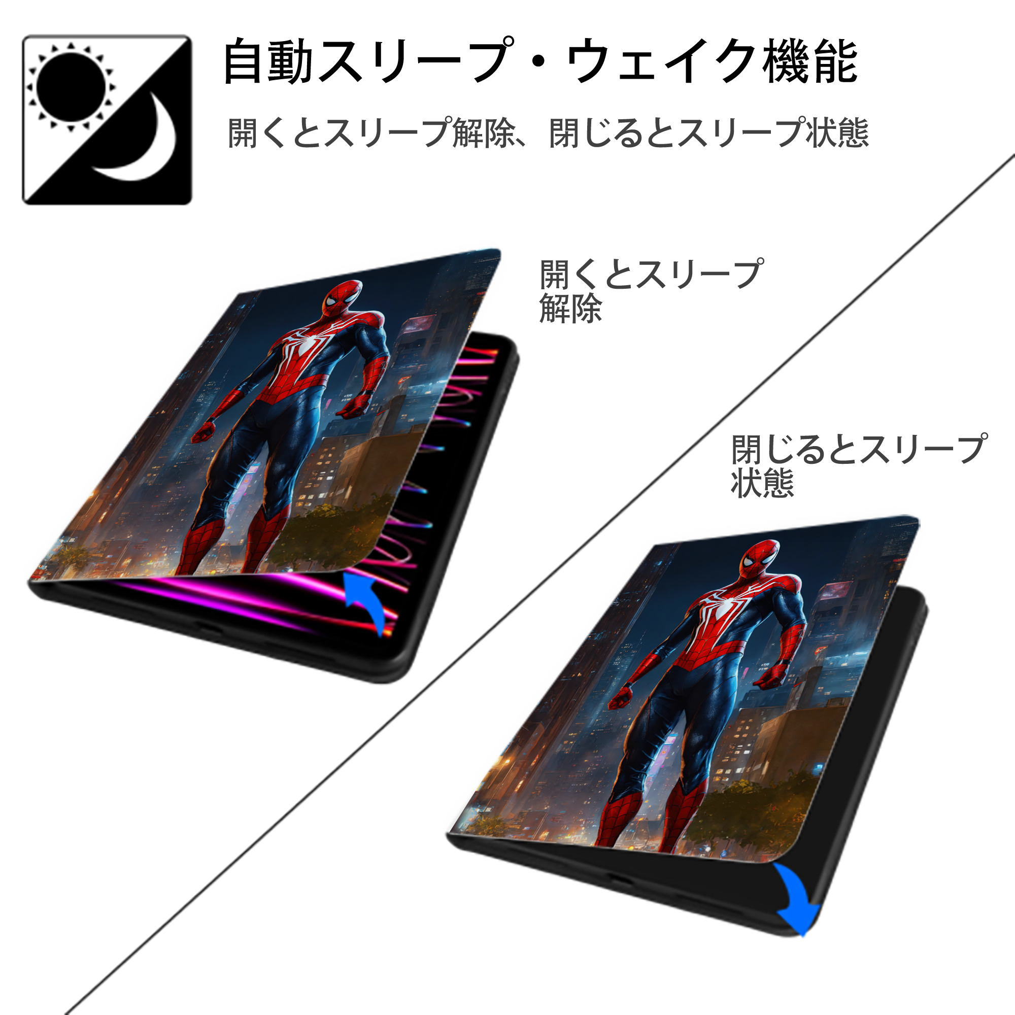 Spider Man スパイダーマン IPad ケース ペン収納付き 三つ折りスタンド PUレザー×シリコン 対応機種9.5/10.5/10.9インチ