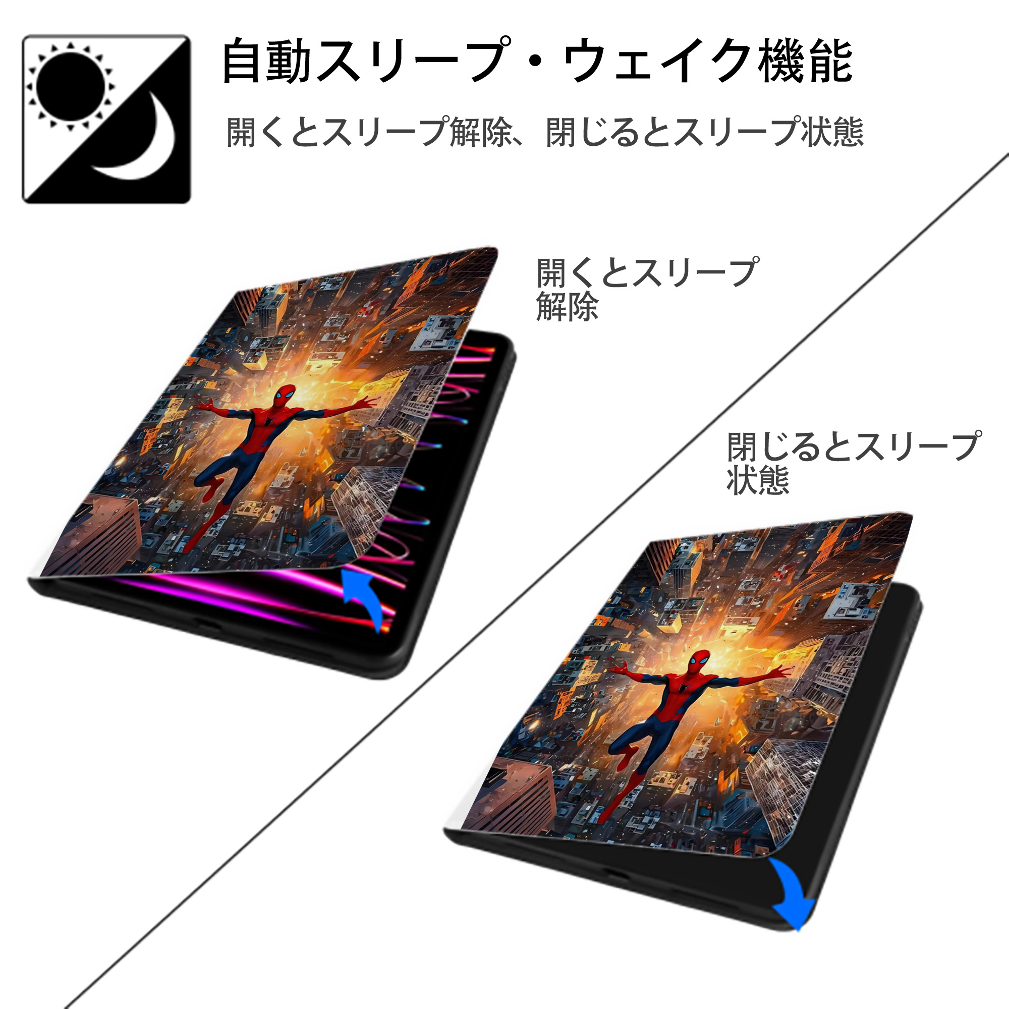 Spider Man スパイダーマン IPad ケース ペン収納付き 三つ折りスタンド PUレザー×シリコン 対応機種9.5/10.5/10.9インチ