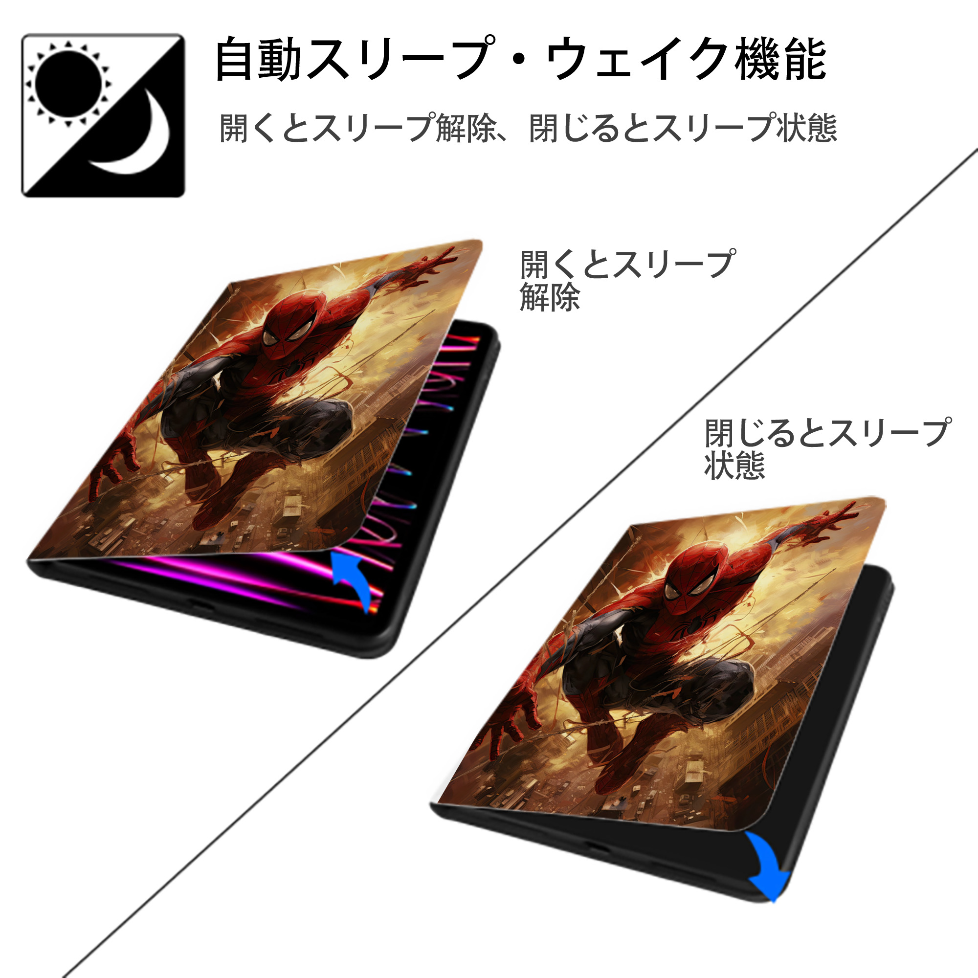 Spider Man スパイダーマン IPad ケース ペン収納付き 三つ折りスタンド PUレザー×シリコン 対応機種9.5/10.5/10.9インチ