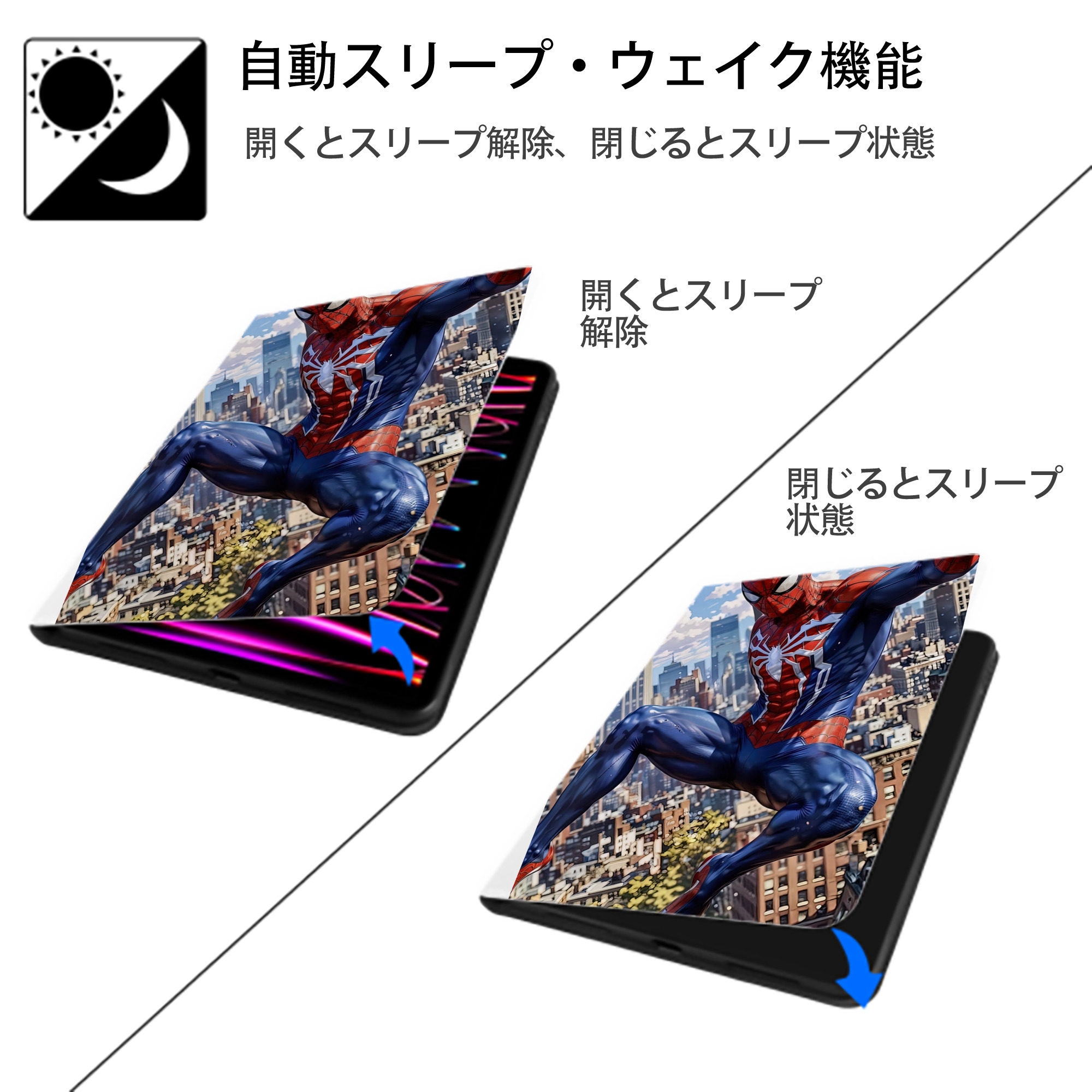 Spider Man スパイダーマン IPad ケース ペン収納付き 三つ折りスタンド PUレザー×シリコン 対応機種9.5/10.5/10.9インチ