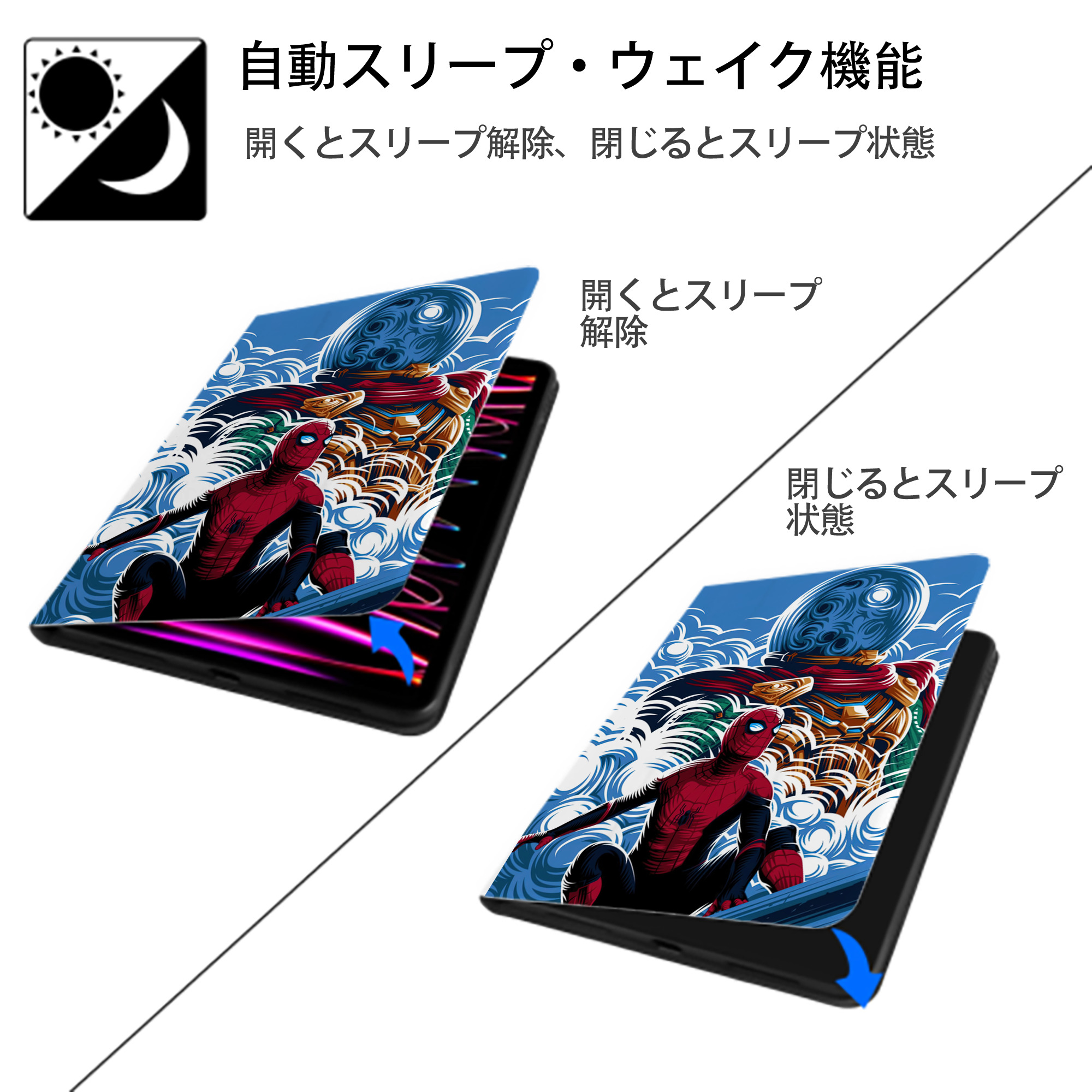Spider Man スパイダーマン IPad ケース ペン収納付き 三つ折りスタンド PUレザー×シリコン 対応機種9.5/10.5/10.9インチ