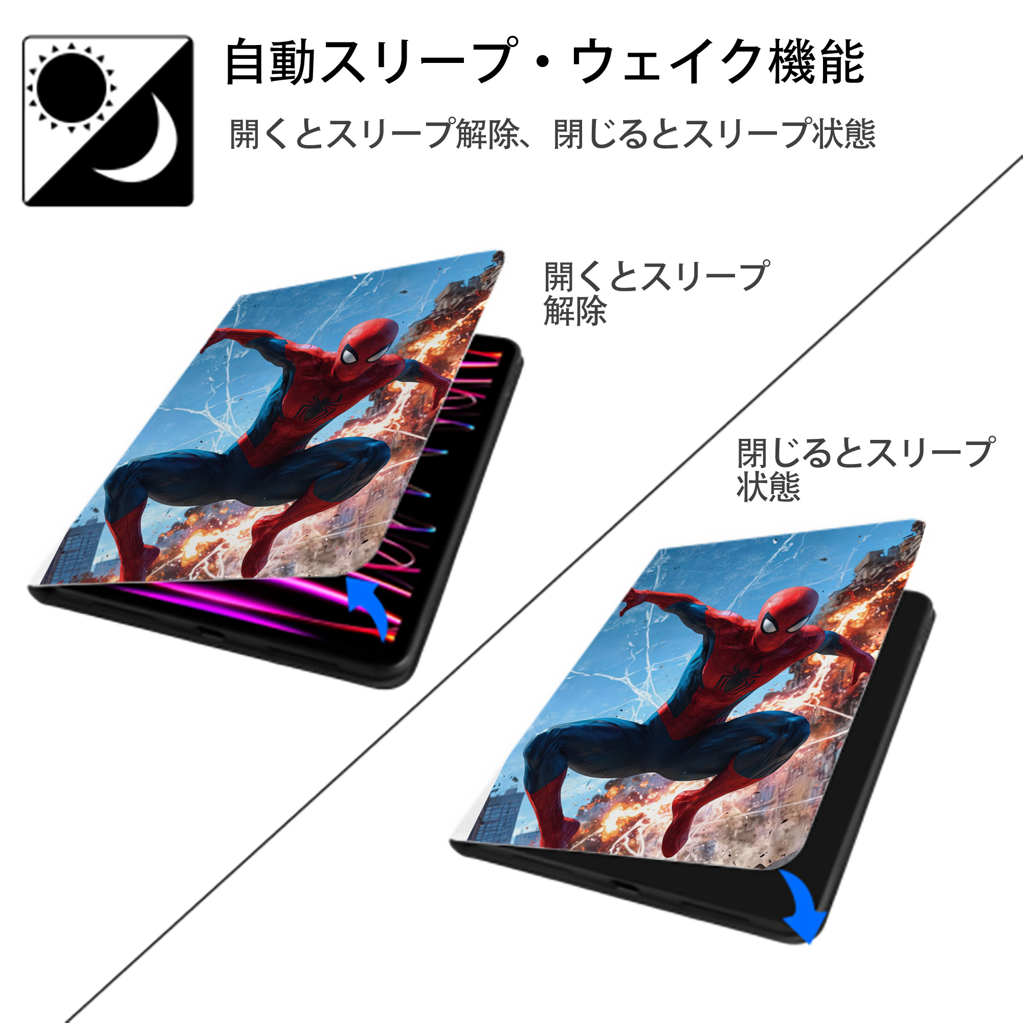 Spider Man スパイダーマン IPad ケース ペン収納付き 三つ折りスタンド PUレザー×シリコン 対応機種9.5/10.5/10.9インチ