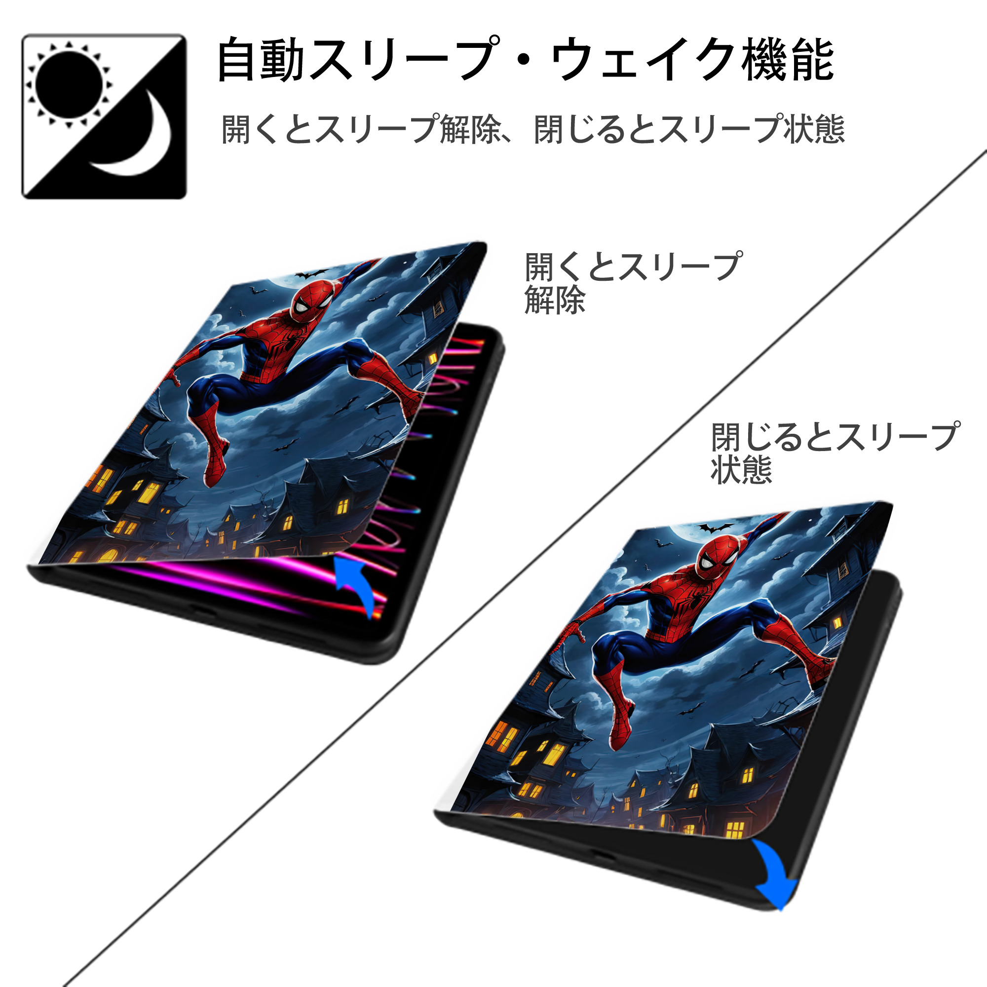 Spider Man スパイダーマン IPad ケース ペン収納付き 三つ折りスタンド PUレザー×シリコン 対応機種9.5/10.5/10.9インチ