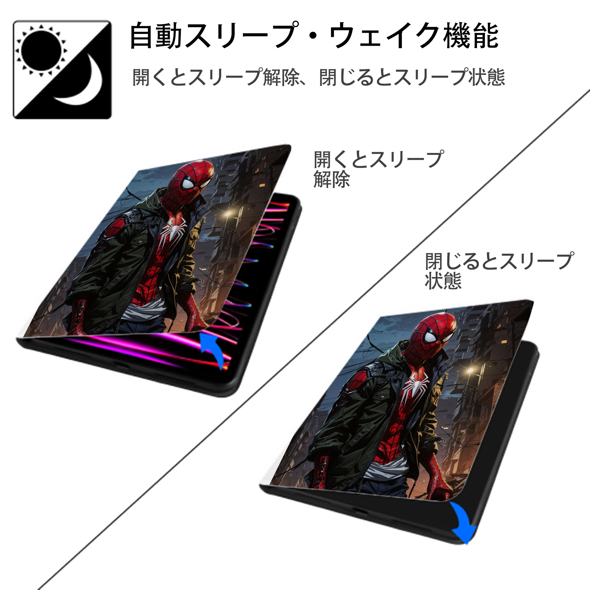 Spider Man スパイダーマン IPad ケース ペン収納付き 三つ折りスタンド PUレザー×シリコン 対応機種9.5/10.5/10.9インチ