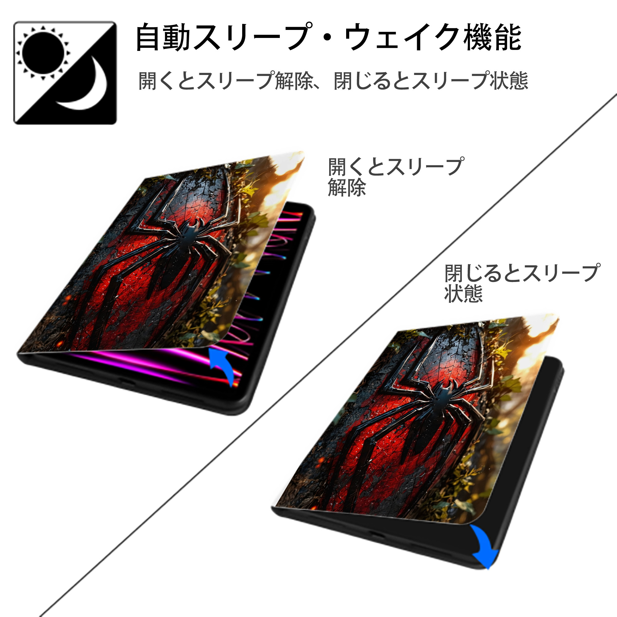 Spider Man スパイダーマン IPad ケース ペン収納付き 三つ折りスタンド PUレザー×シリコン 対応機種9.5/10.5/10.9インチ