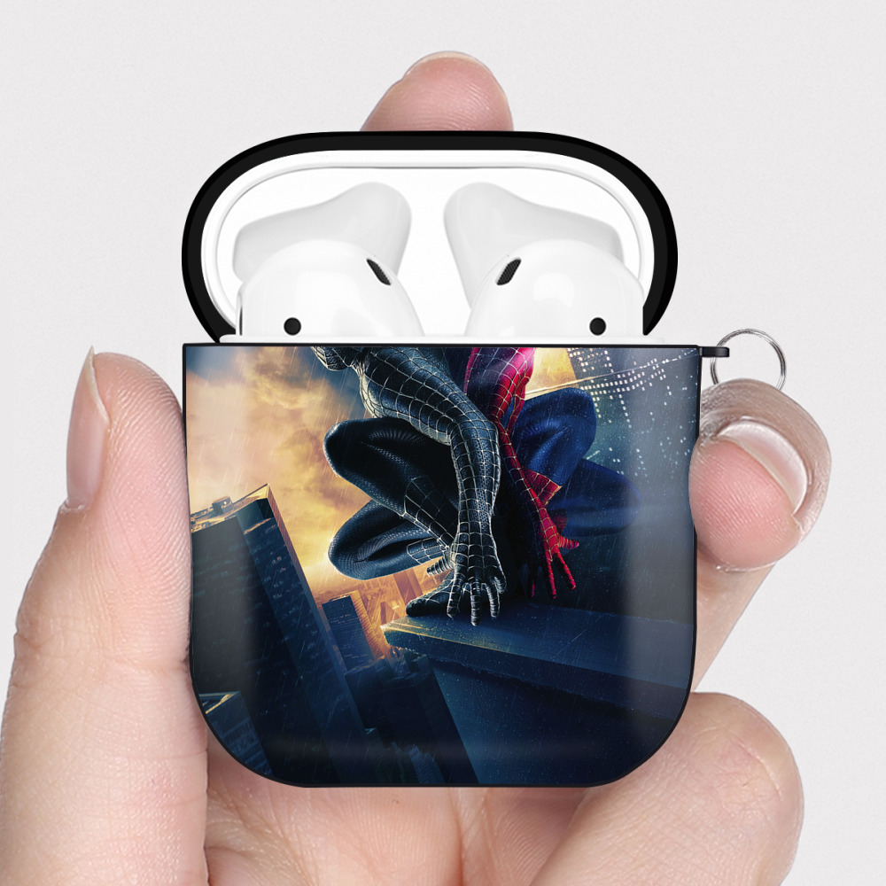 （画像用） Spider Man スパイダーマン AirPods 第2世代保護ケース ハードシェル ブラック 耐衝撃・防指紋・カラビナ付き