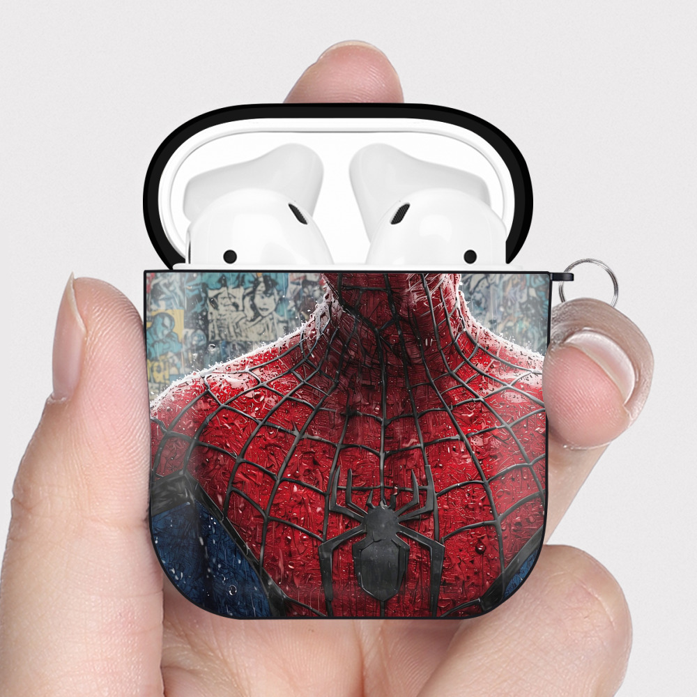 （画像用） Spider Man スパイダーマン AirPods 第2世代保護ケース ハードシェル ブラック 耐衝撃・防指紋・カラビナ付き