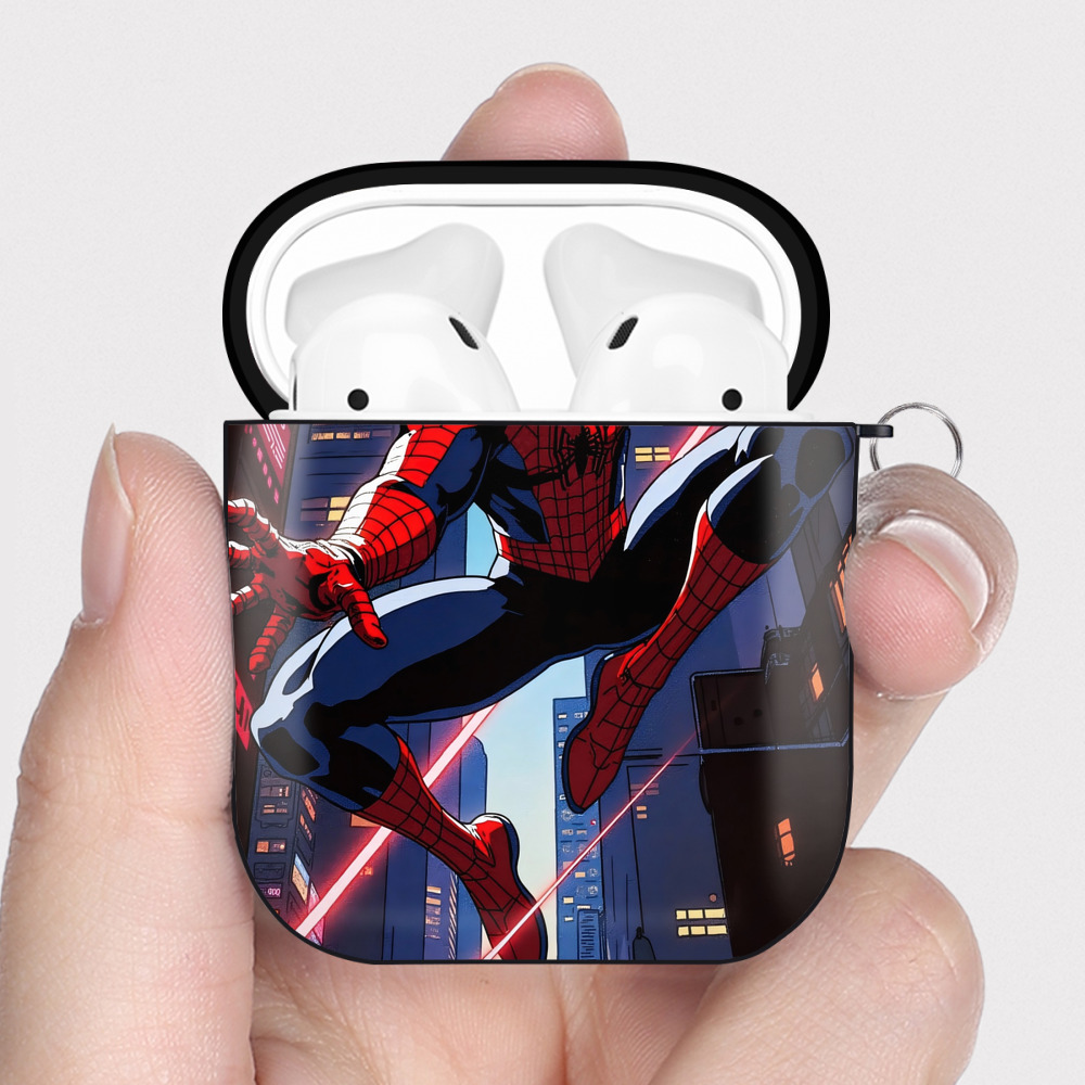 （画像用） Spider Man スパイダーマン AirPods 第2世代保護ケース ハードシェル ブラック 耐衝撃・防指紋・カラビナ付き