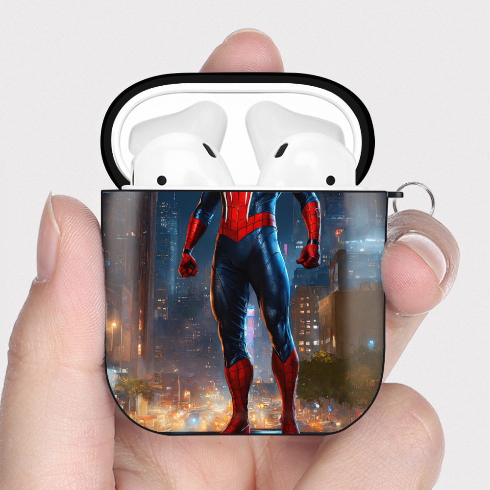 （画像用） Spider Man スパイダーマン AirPods 第2世代保護ケース ハードシェル ブラック 耐衝撃・防指紋・カラビナ付き