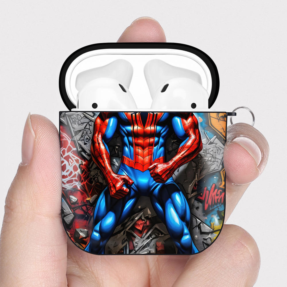 （画像用） Spider Man スパイダーマン AirPods 第2世代保護ケース ハードシェル ブラック 耐衝撃・防指紋・カラビナ付き