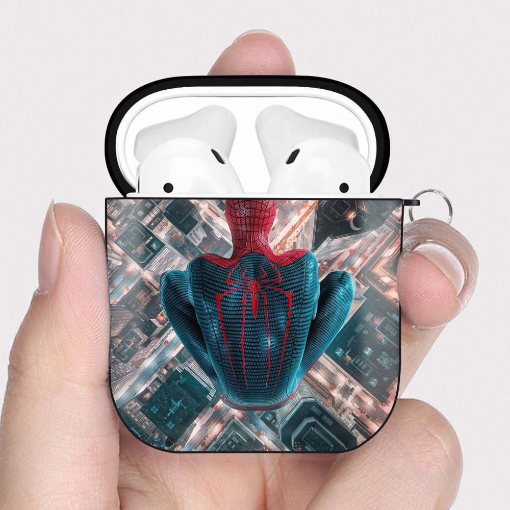 （画像用） Spider Man スパイダーマン AirPods 第2世代保護ケース ハードシェル ブラック 耐衝撃・防指紋・カラビナ付き