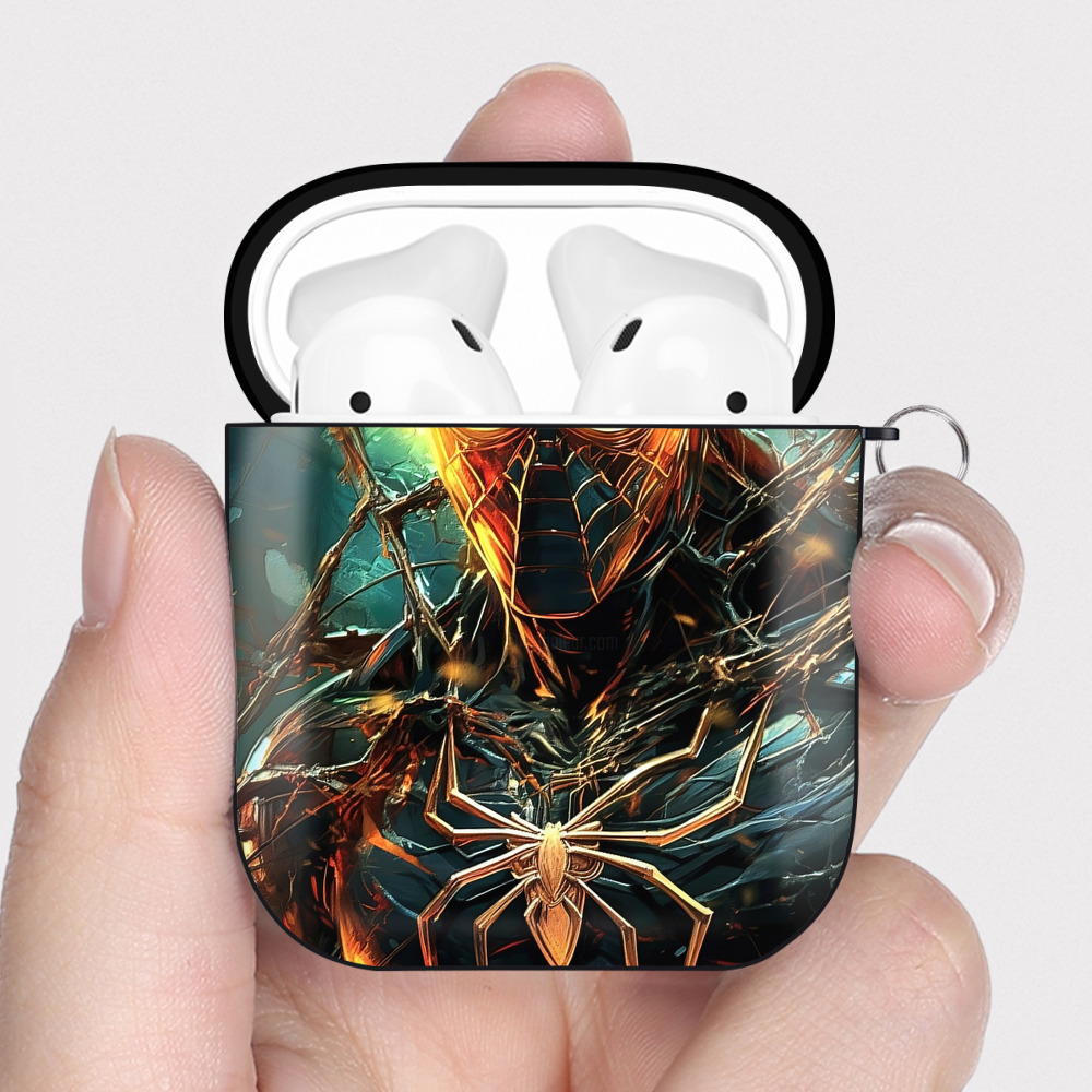 （画像用） Spider Man スパイダーマン AirPods 第2世代保護ケース ハードシェル ブラック 耐衝撃・防指紋・カラビナ付き