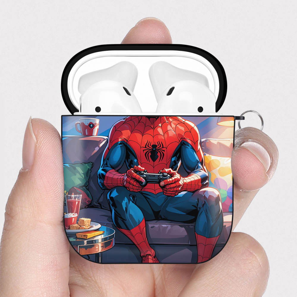（画像用） Spider Man スパイダーマン AirPods 第2世代保護ケース ハードシェル ブラック 耐衝撃・防指紋・カラビナ付き