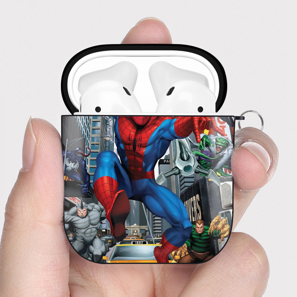 （画像用） Spider Man スパイダーマン AirPods 第2世代保護ケース ハードシェル ブラック 耐衝撃・防指紋・カラビナ付き