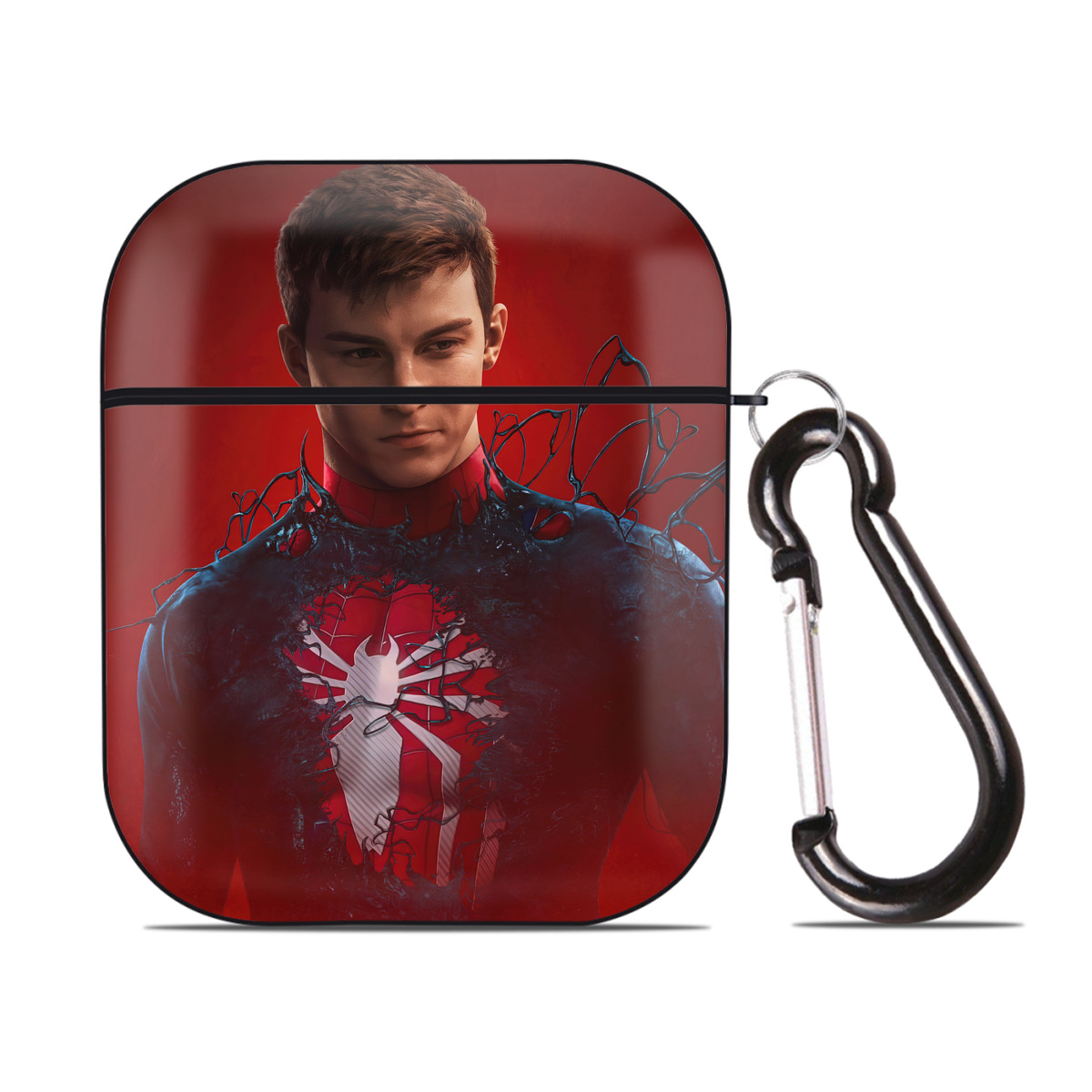 （画像用） Spider Man スパイダーマン AirPods 第2世代保護ケース ハードシェル ブラック 耐衝撃・防指紋・カラビナ付き