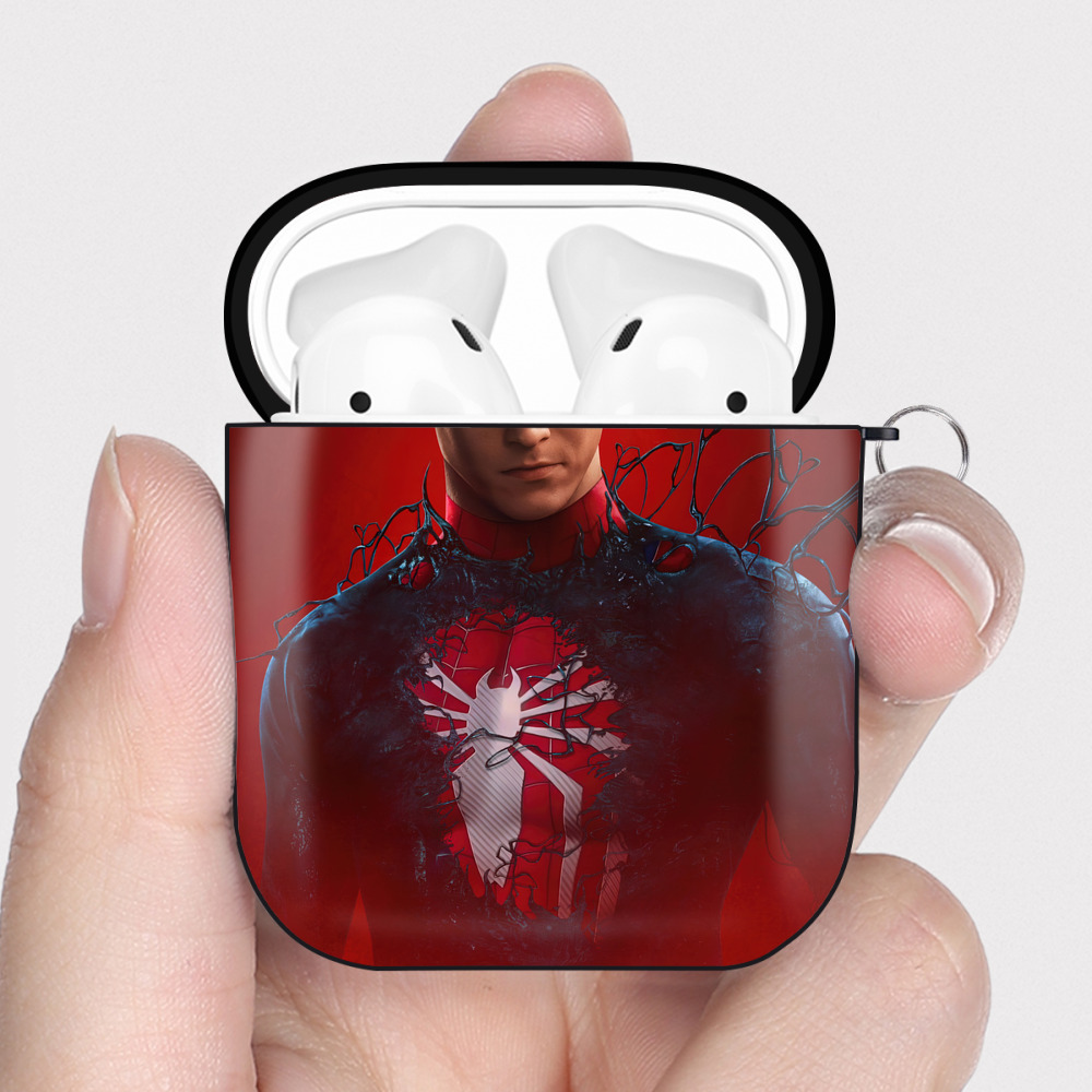 （画像用） Spider Man スパイダーマン AirPods 第2世代保護ケース ハードシェル ブラック 耐衝撃・防指紋・カラビナ付き