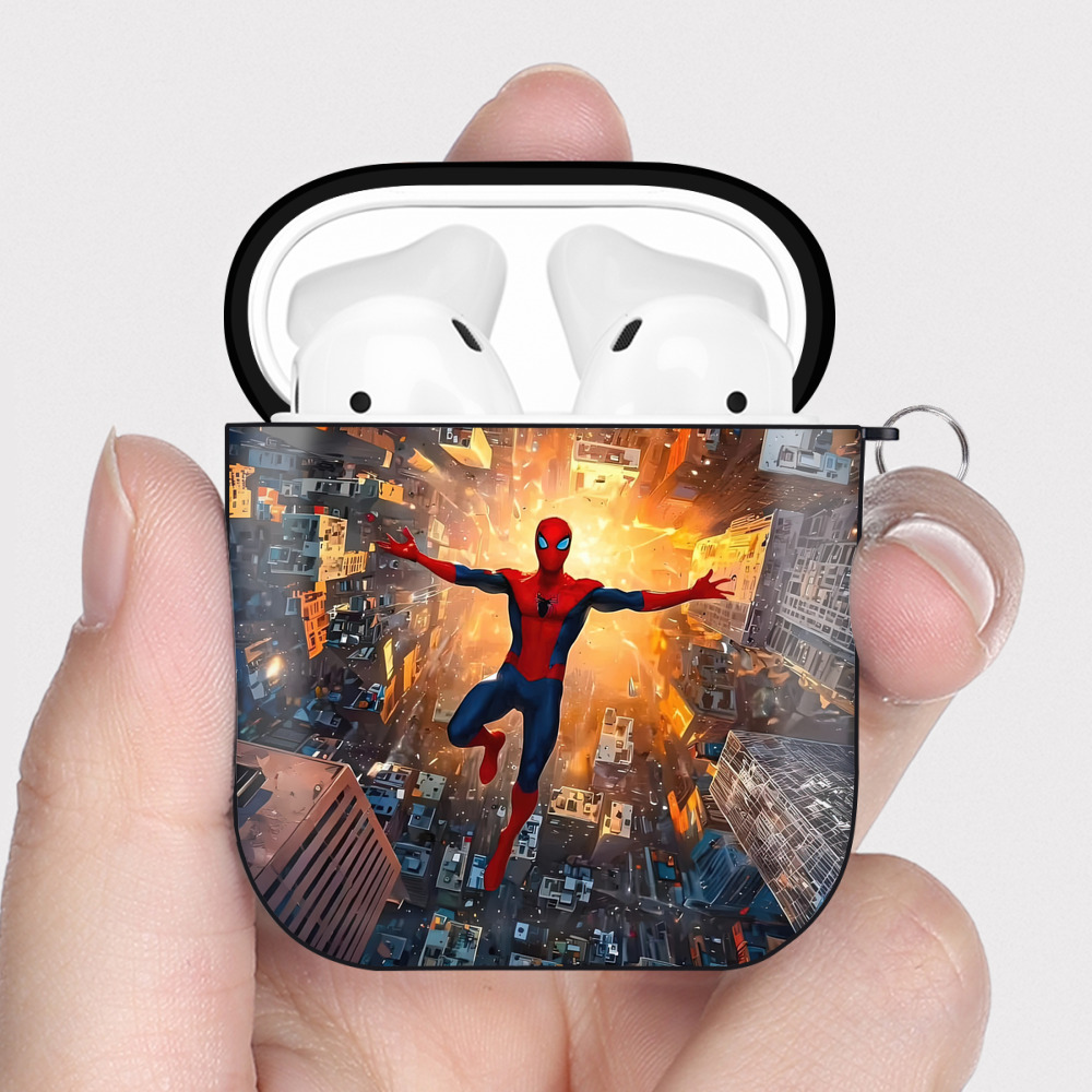 （画像用） Spider Man スパイダーマン AirPods 第2世代保護ケース ハードシェル ブラック 耐衝撃・防指紋・カラビナ付き