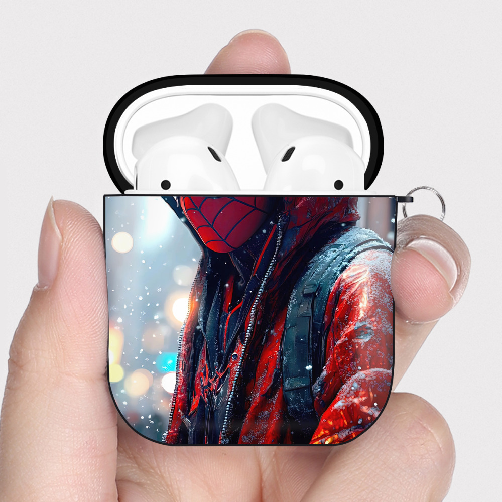 （画像用） Spider Man スパイダーマン AirPods 第2世代保護ケース ハードシェル ブラック 耐衝撃・防指紋・カラビナ付き
