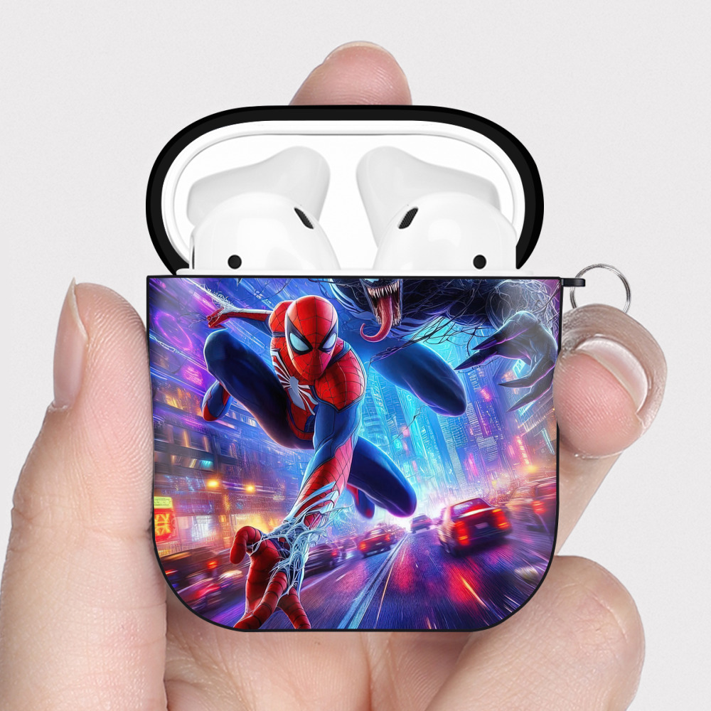 （画像用） Spider Man スパイダーマン AirPods 第2世代保護ケース ハードシェル ブラック 耐衝撃・防指紋・カラビナ付き